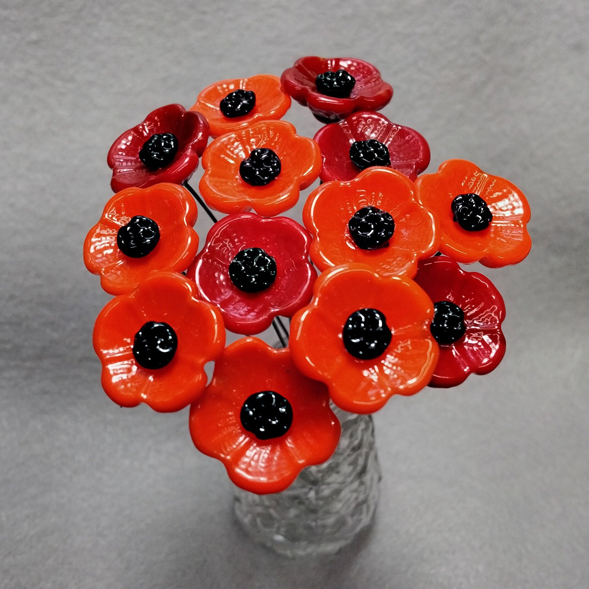 POPPY MIX Red and Orange glass flower Set of 6; small tiny miniature glass flowers on wire, handcrafted lampwork, jewelry, mixed media, gift