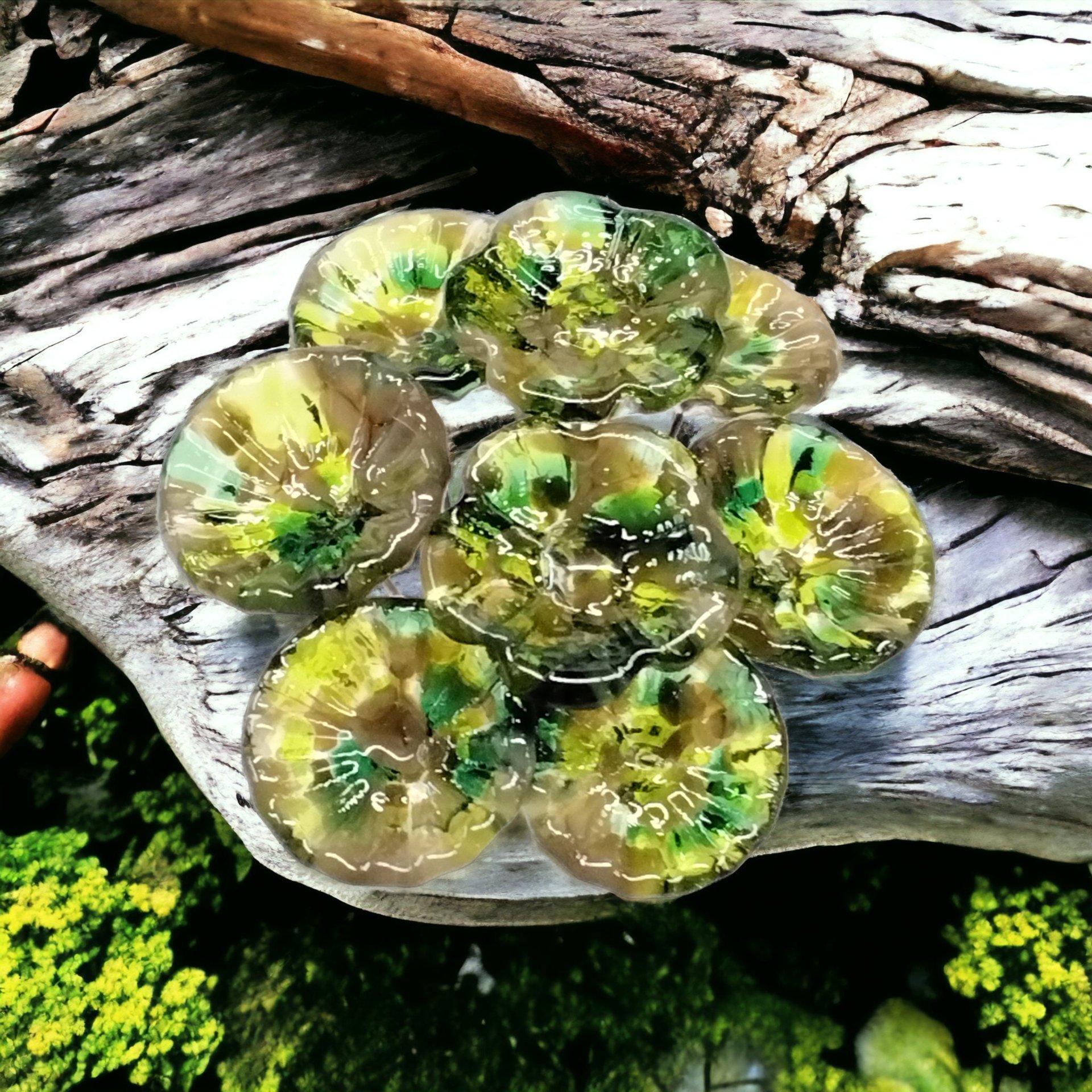 Camo glass flower headpins, glass on wire, jewelry supply or bouquet, fall, hunter, camouflage, woods, cabin, rustic, lampwork handmade