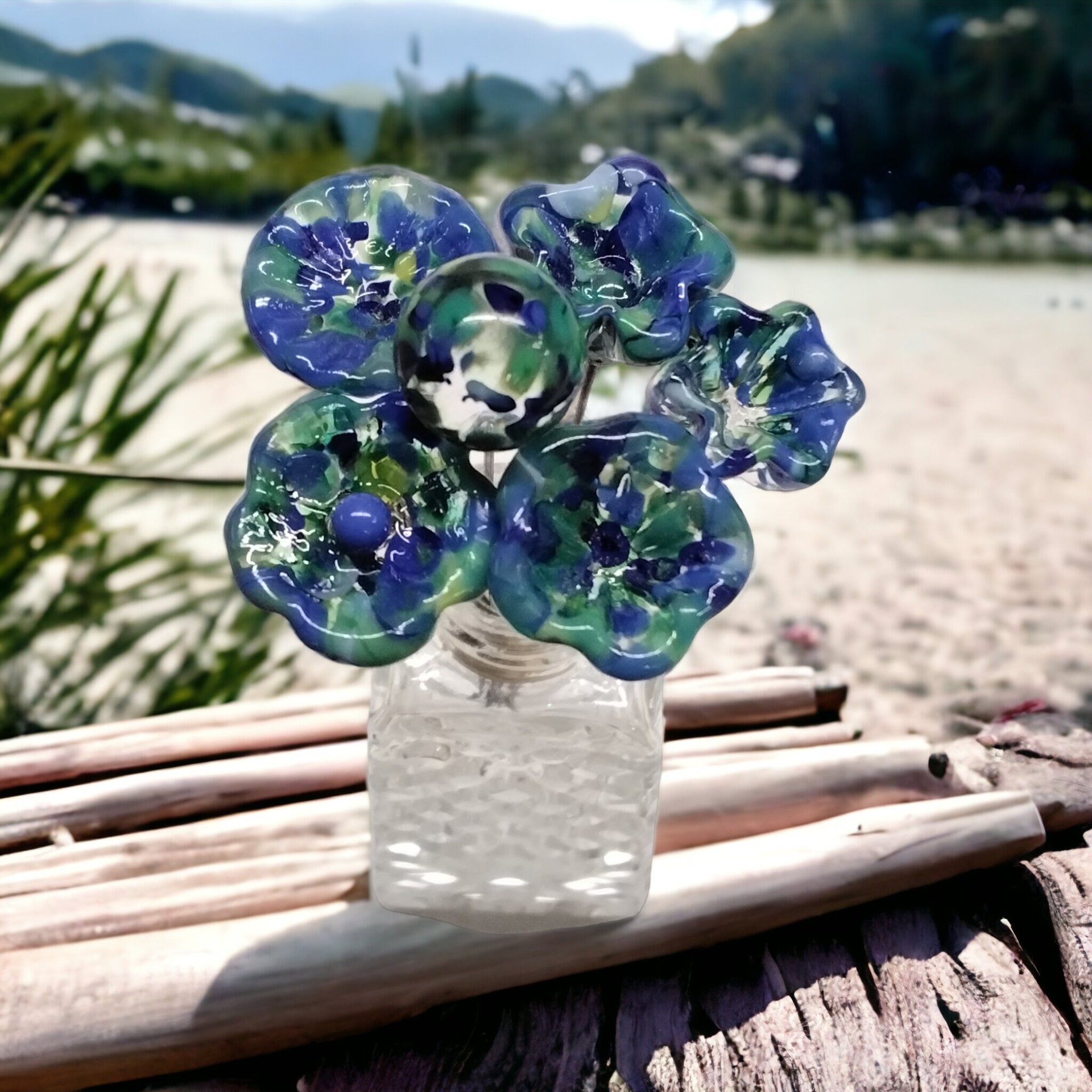 GREEN/BLUE SPRINKLES glass flower headpins, tiny small mini glass flowers on wire; handcrafted lampwork, jewelry, mixed media, wedding, gift