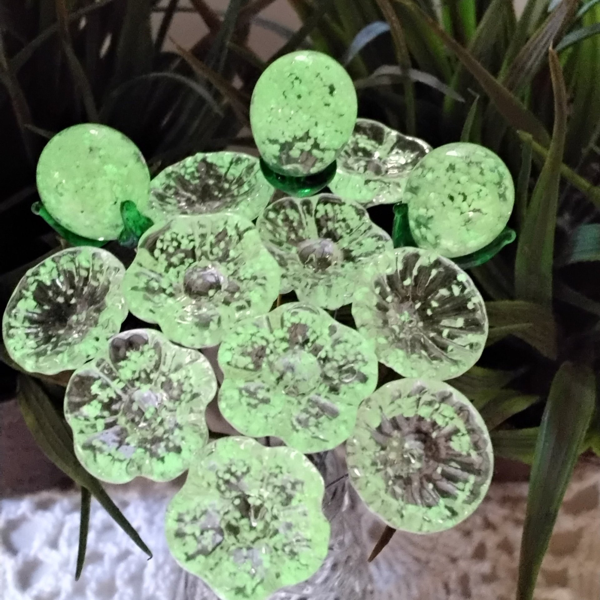 GLOW GLITTER glass flowers on wire headpins ~ miniature tiny small glass flowers on wire; individually crafted lampwork glow in the dark UV