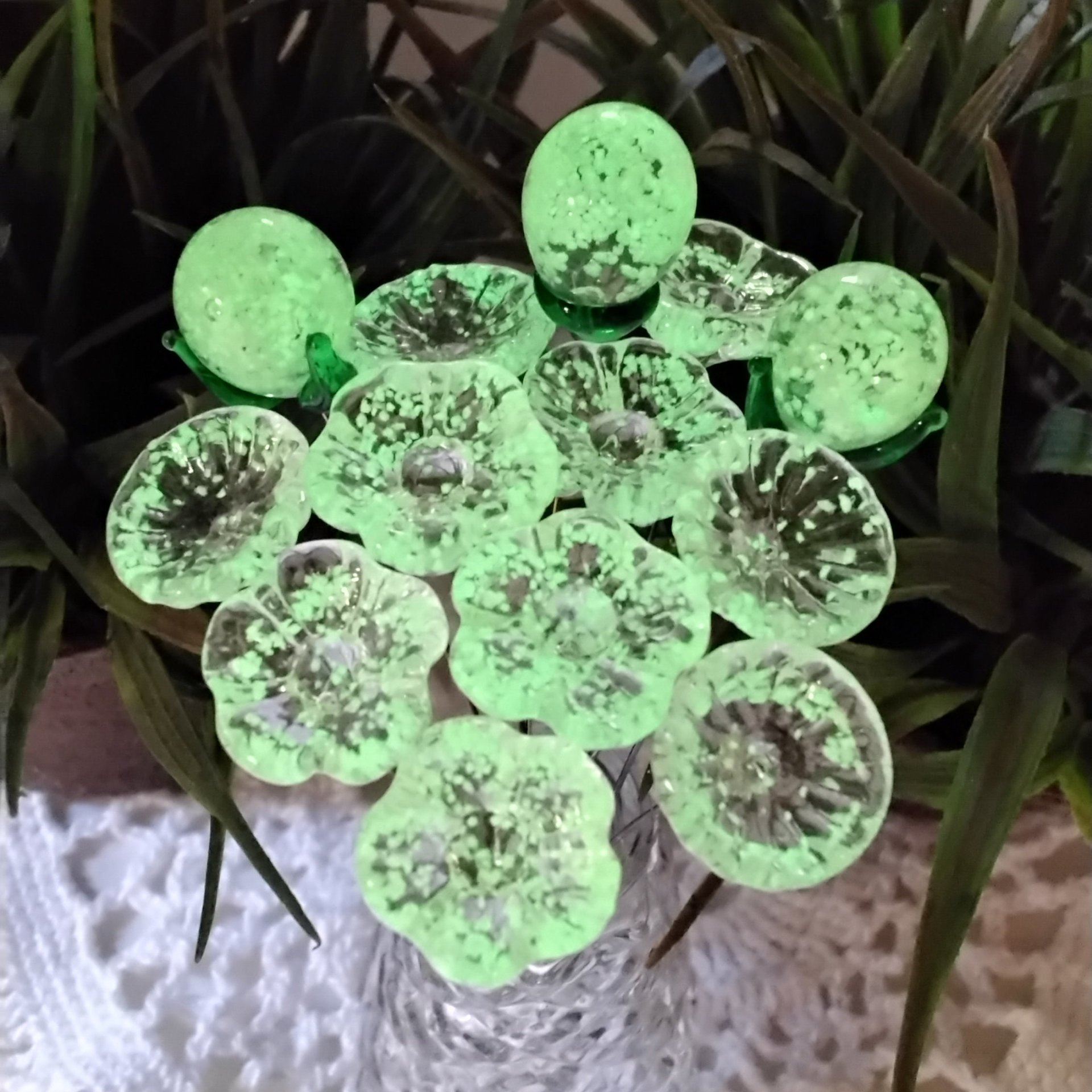 GLOW GLITTER glass flowers on wire headpins ~ miniature tiny small glass flowers on wire; individually crafted lampwork glow in the dark UV