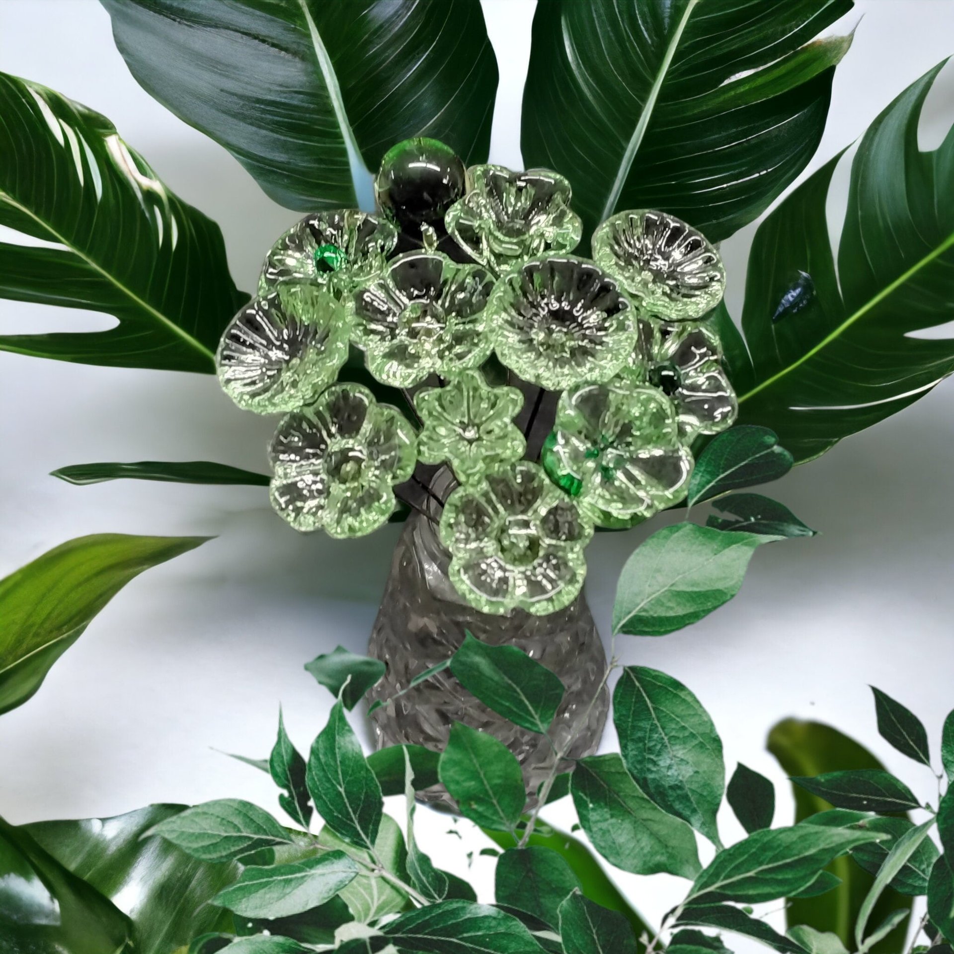 CRYSTAL GREEN (very light) glass flower headpins; tiny small mini glass flowers on wire; individually crafted lampwork glass in my studio