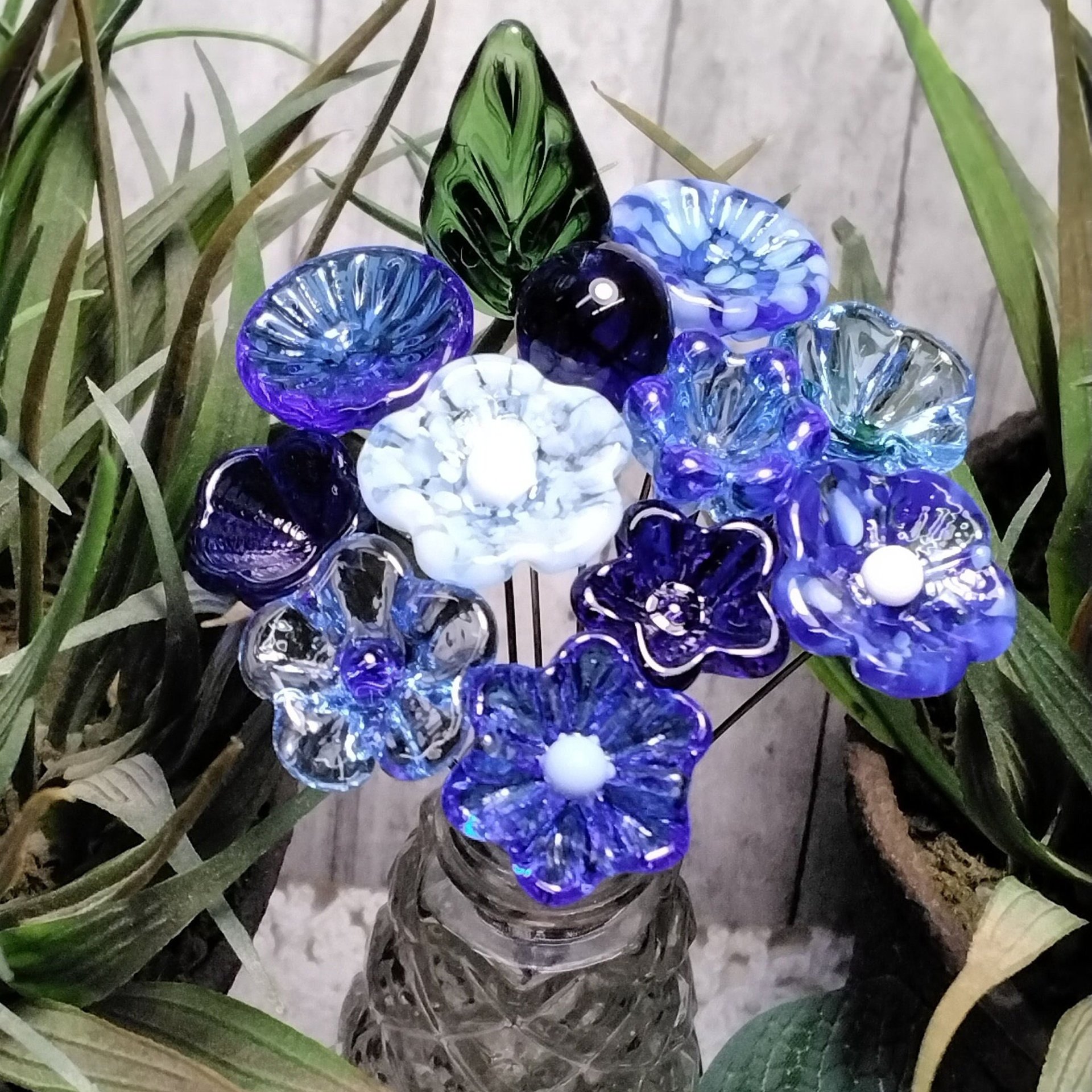 TRUE BLUE BOUQUET-loyal/trustworthy/faithful ~glass flower bouquet, small glass flowers handcrafted, curio, windowsill, collegue friend gift