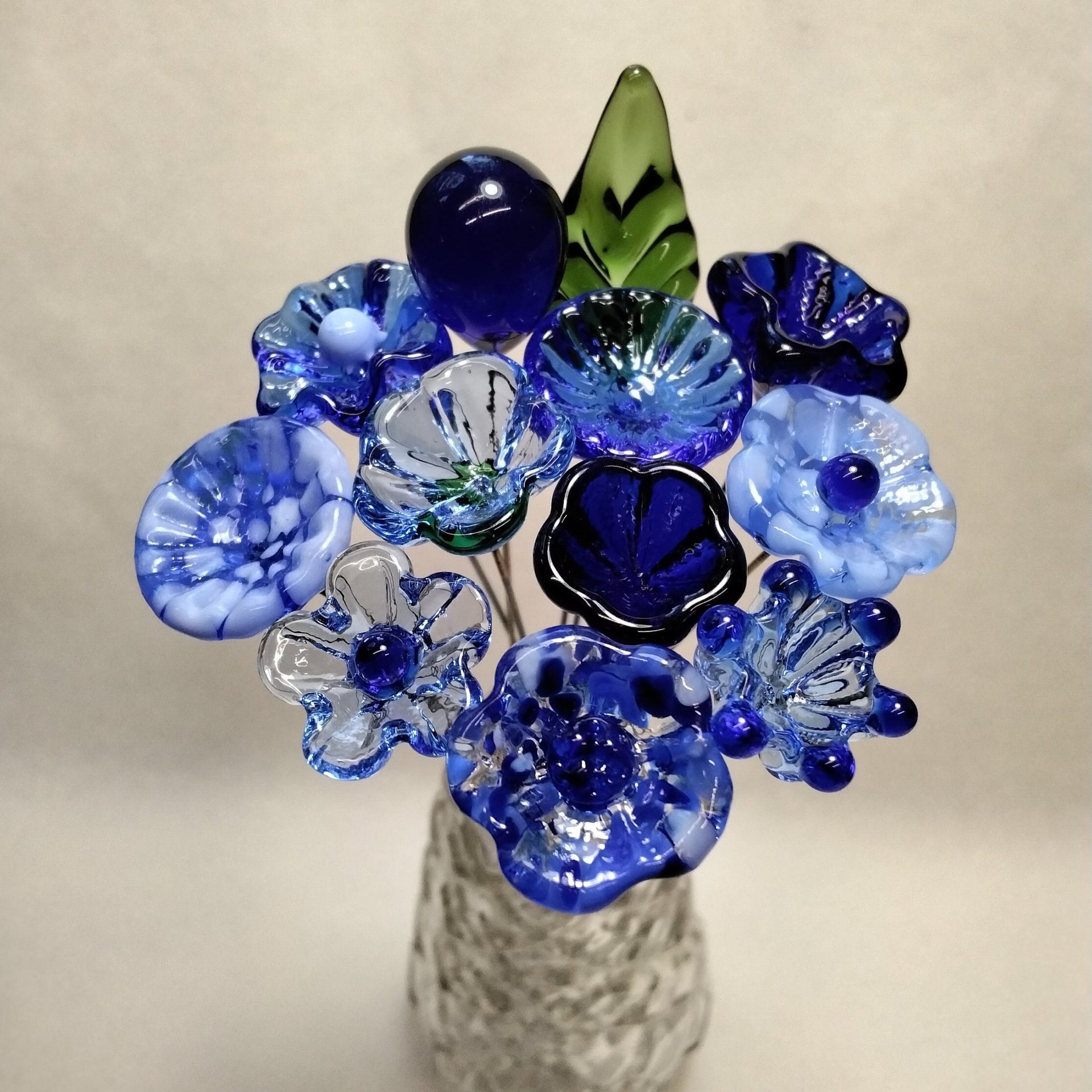 TRUE BLUE BOUQUET-loyal/trustworthy/faithful ~glass flower bouquet, small glass flowers handcrafted, curio, windowsill, collegue friend gift