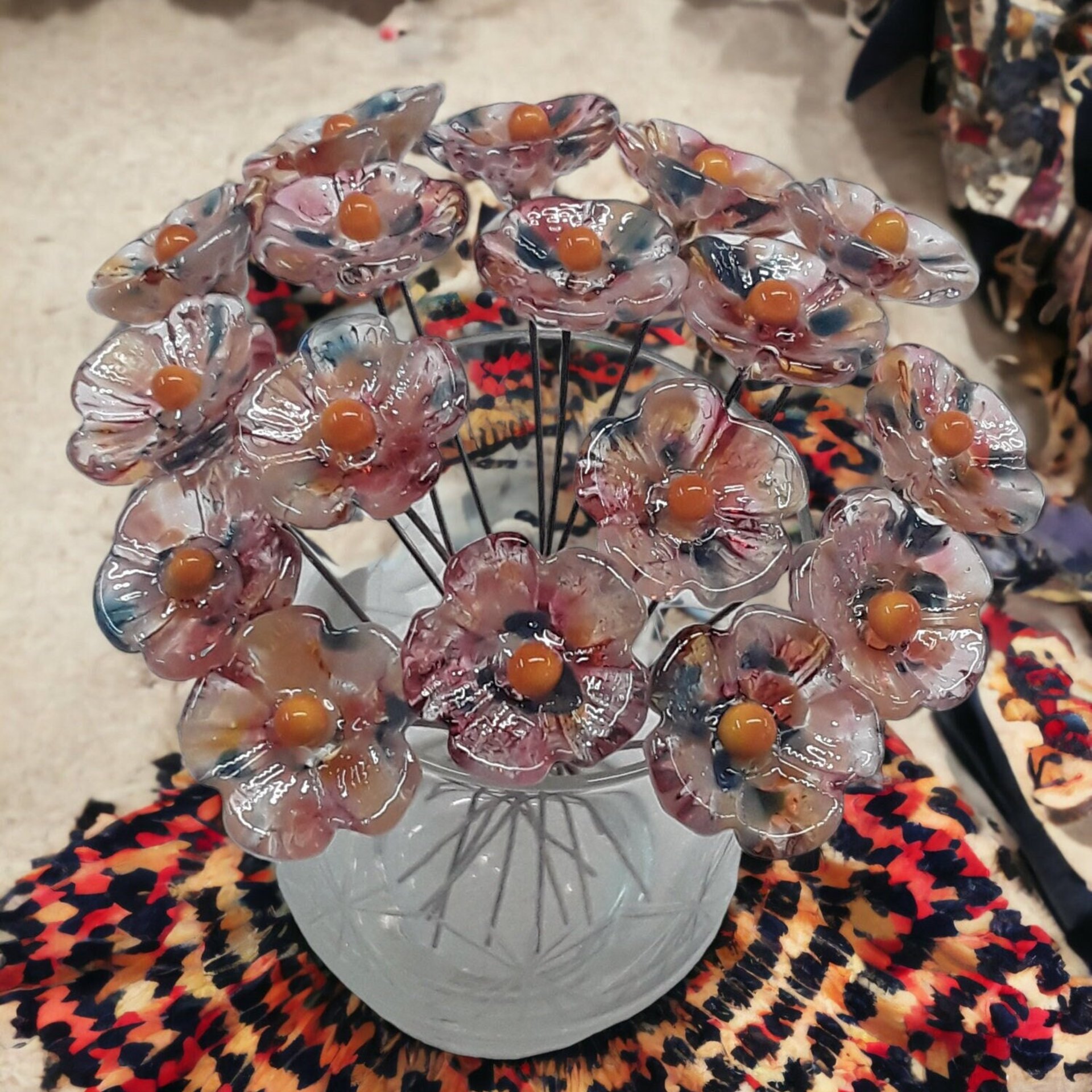 Sedona Desert 5-petal glass flowers, tiny small miniature glass flowers on wire; lampwork, jewelry, mixed media, wedding, southwest