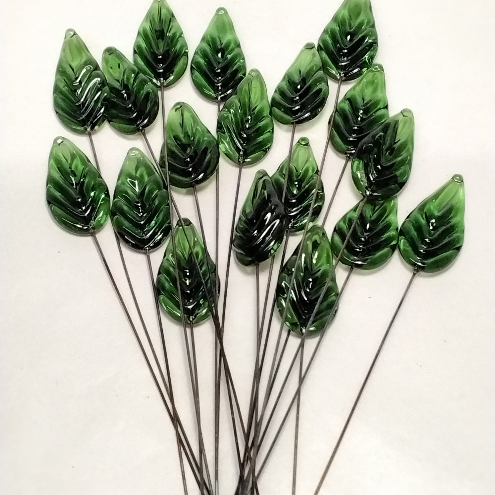 Flat Sage Green Leaf - Glass Leaf Headpins  tiny small glass leaf shape on wire; individually crafted lampwork for flower bouquet or jewelry