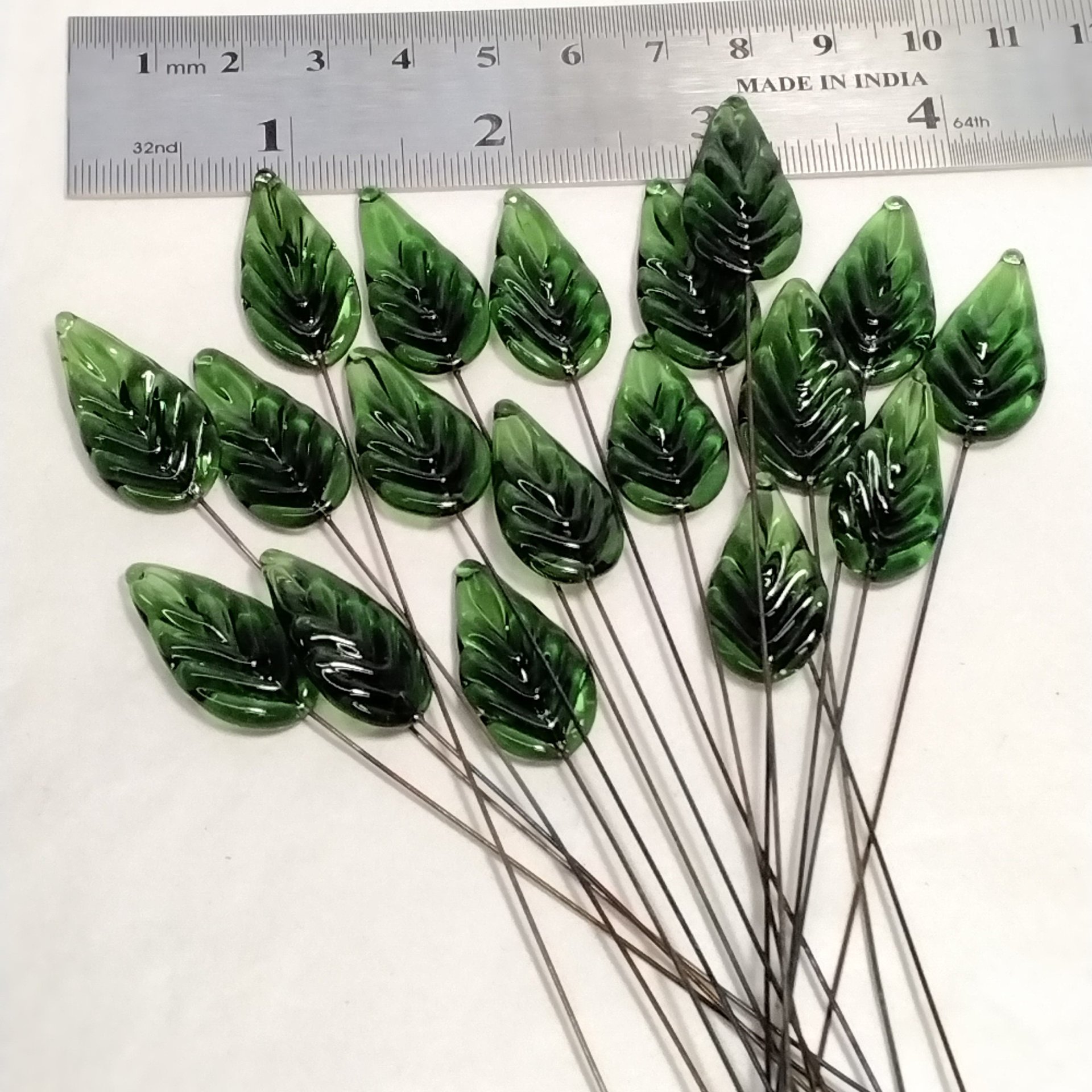 Flat Sage Green Leaf - Glass Leaf Headpins  tiny small glass leaf shape on wire; individually crafted lampwork for flower bouquet or jewelry