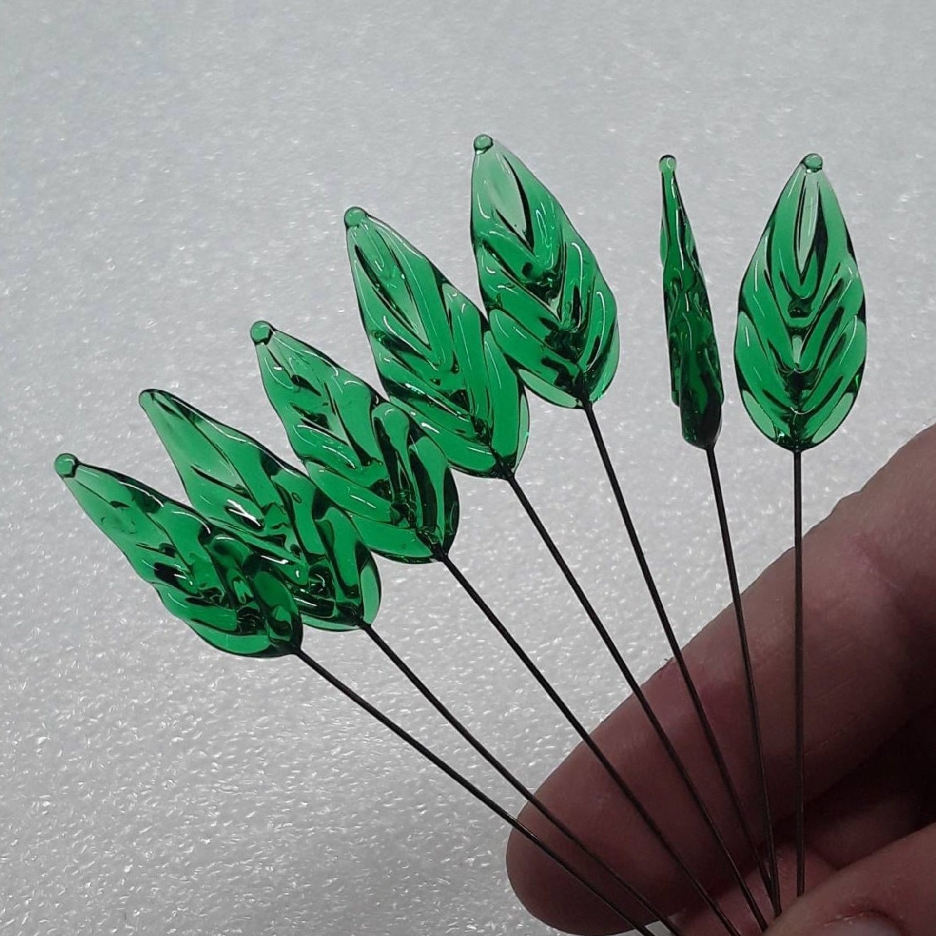 Flat Medium Green Glass Leaf Headpins, tiny small glass leaf shape on wire handmade lampwork; jewelry, wedding decor, mixed media, host gift