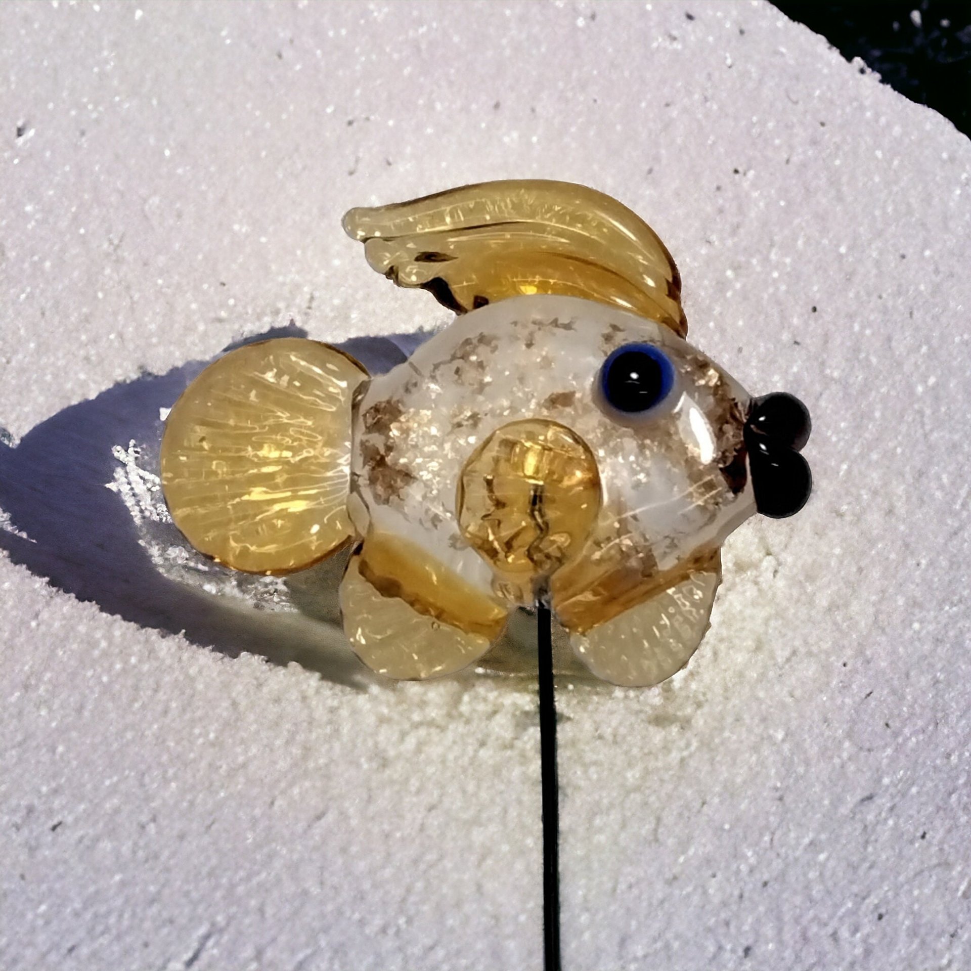 GOLDIE #2 GLITTER FISH glass sculpture 5" high; handmade lampwork small fish sculpture on wire  ~ tiny small miniature glass fish
