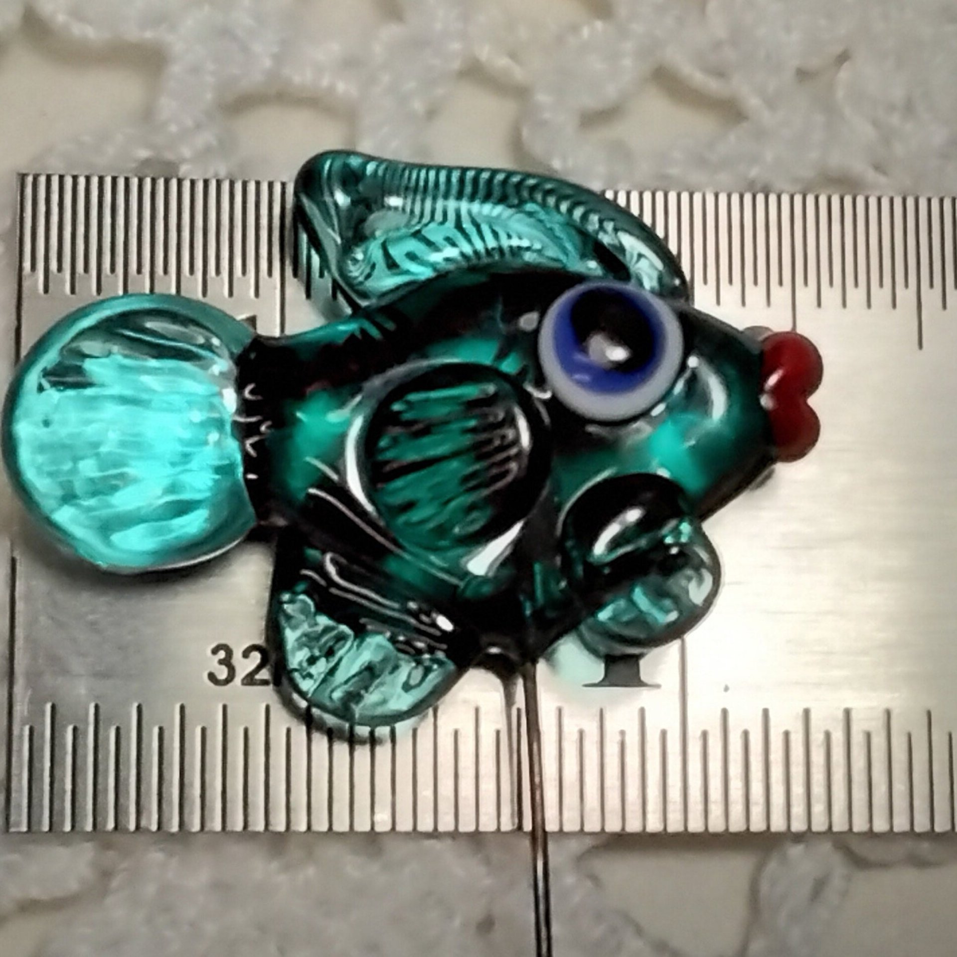 Dark Seagreen Teal Fish glass miniature 5" high; small, tiny fish sculpture on wire  ~ tiny, small miniature glass sculpture