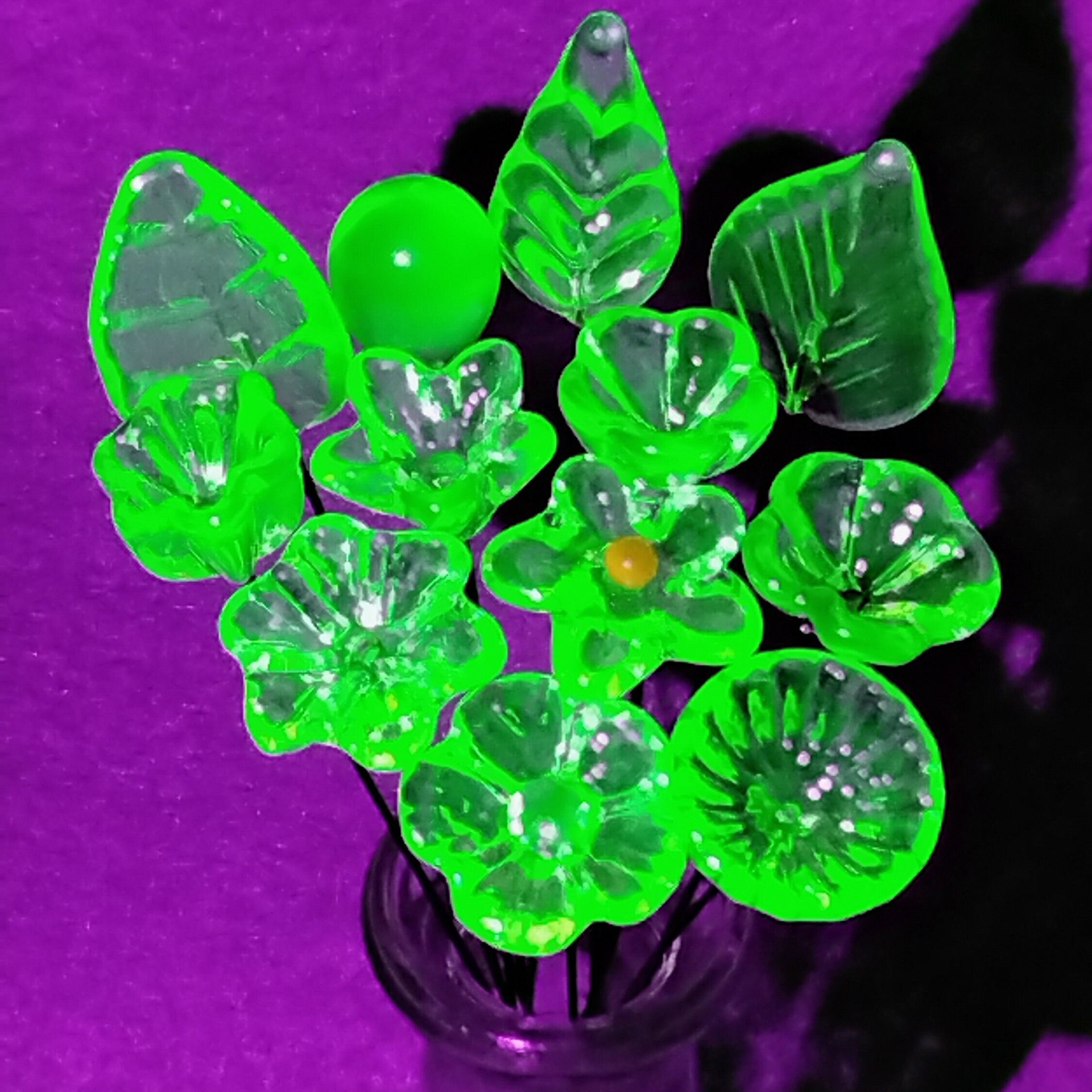Uranium vasoline glass flowers on 5" wire, mini tiny small glass flowers leaves; handmade; bright green glow in 395uv vintage rare uranium