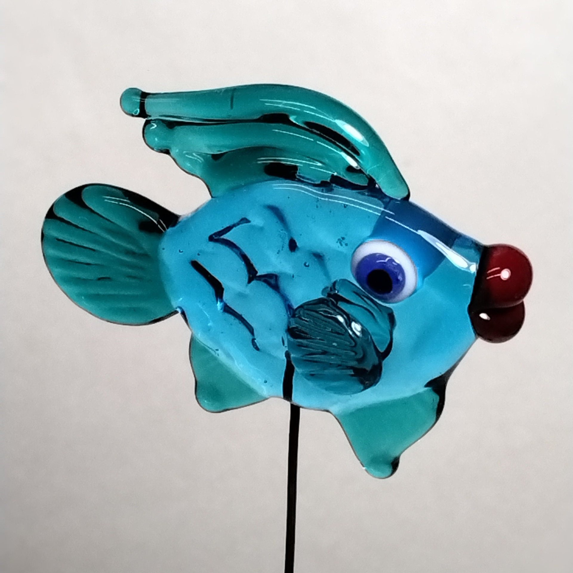 Aqua and Dark Seagreen Fin Fish glass miniature 5" high; small, tiny fish sculpture on wire  ~ tiny, small miniature glass sculpture