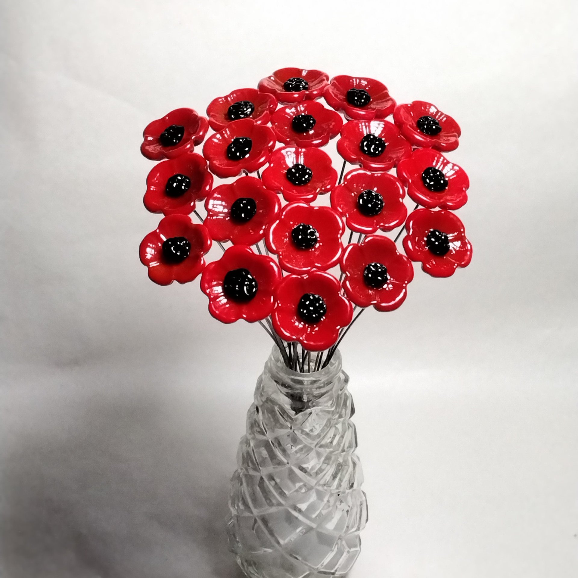 Red Embers Opaque UV Reactive - glass flowers on wire mini small tiny glass flowers; individually crafted lampwork, 395nm glows orange in UV