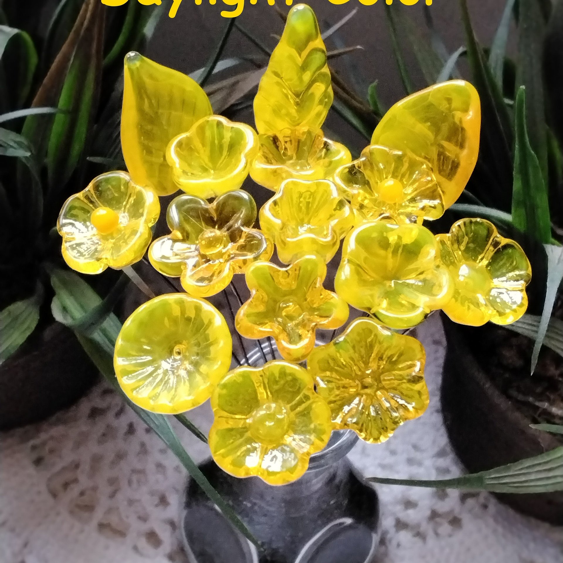 UV Reactive Yellow/Amber mini tiny small glass flowers on 5" wire, handcrafted lampwork, glows in uv light,colors vary due to glass density