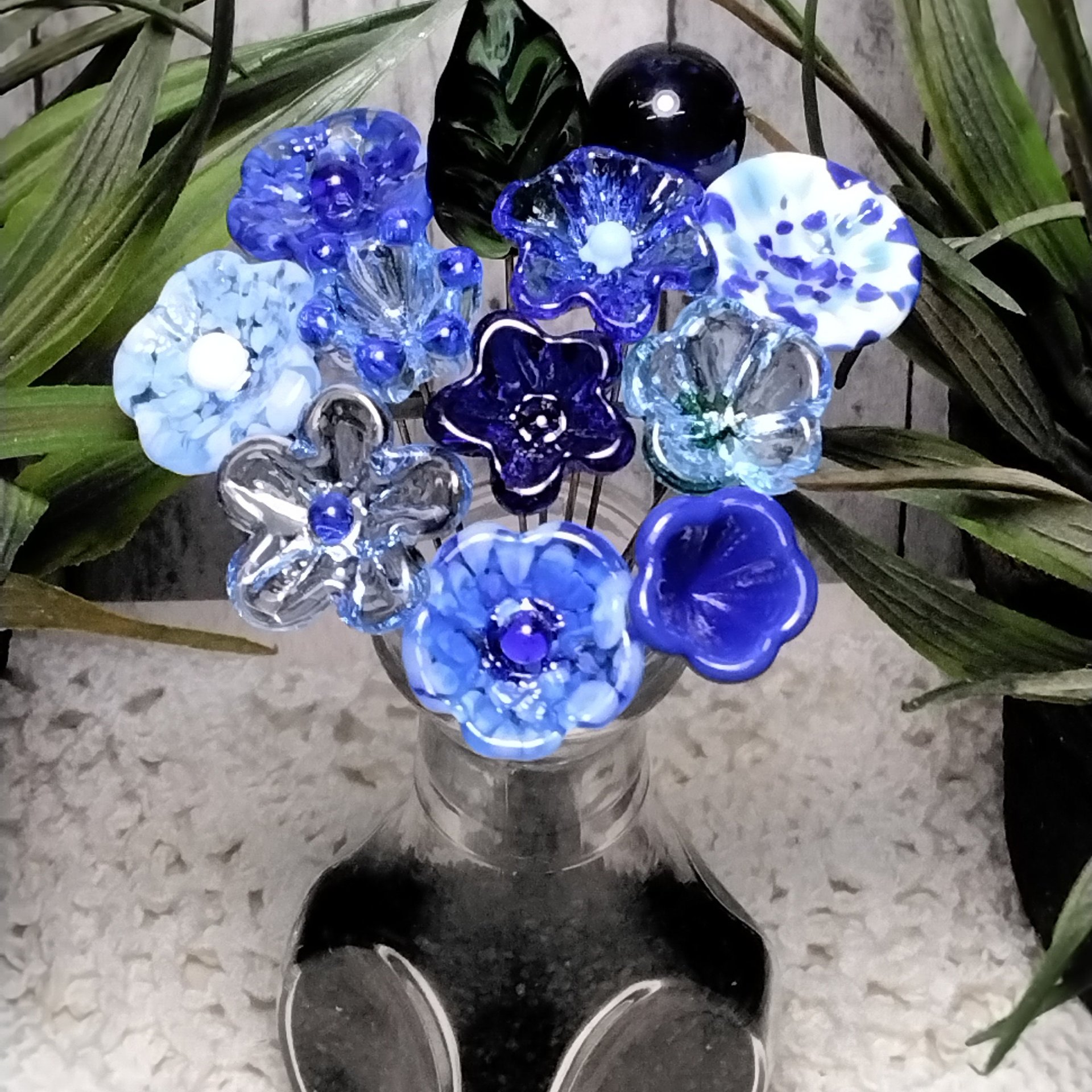 TRUE BLUE BOUQUET-loyal/trustworthy/faithful ~glass flower bouquet, small glass flowers handcrafted, curio, windowsill, collegue friend gift