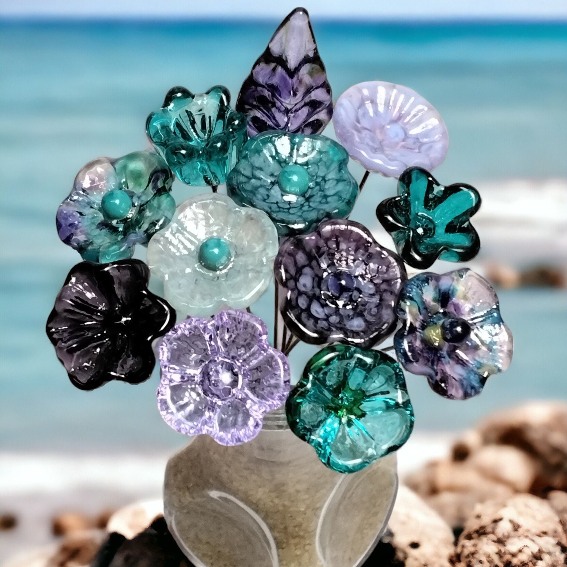 Purple Teal Sea Bouquet ~glass flowers+leaf, tiny small glass flowers handcrafted lampwork, gift, curio, windowsill, jewelry supply, wedding