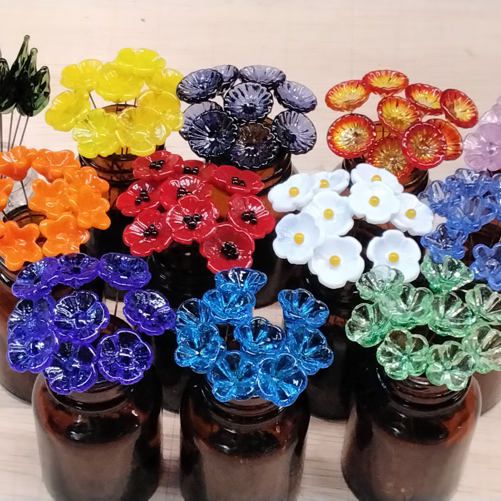 PLETHORA MIX!  Glass flower headpins ~ Miniature tiny small glass flowers on wire - flower bouquet; individually crafted lampwork