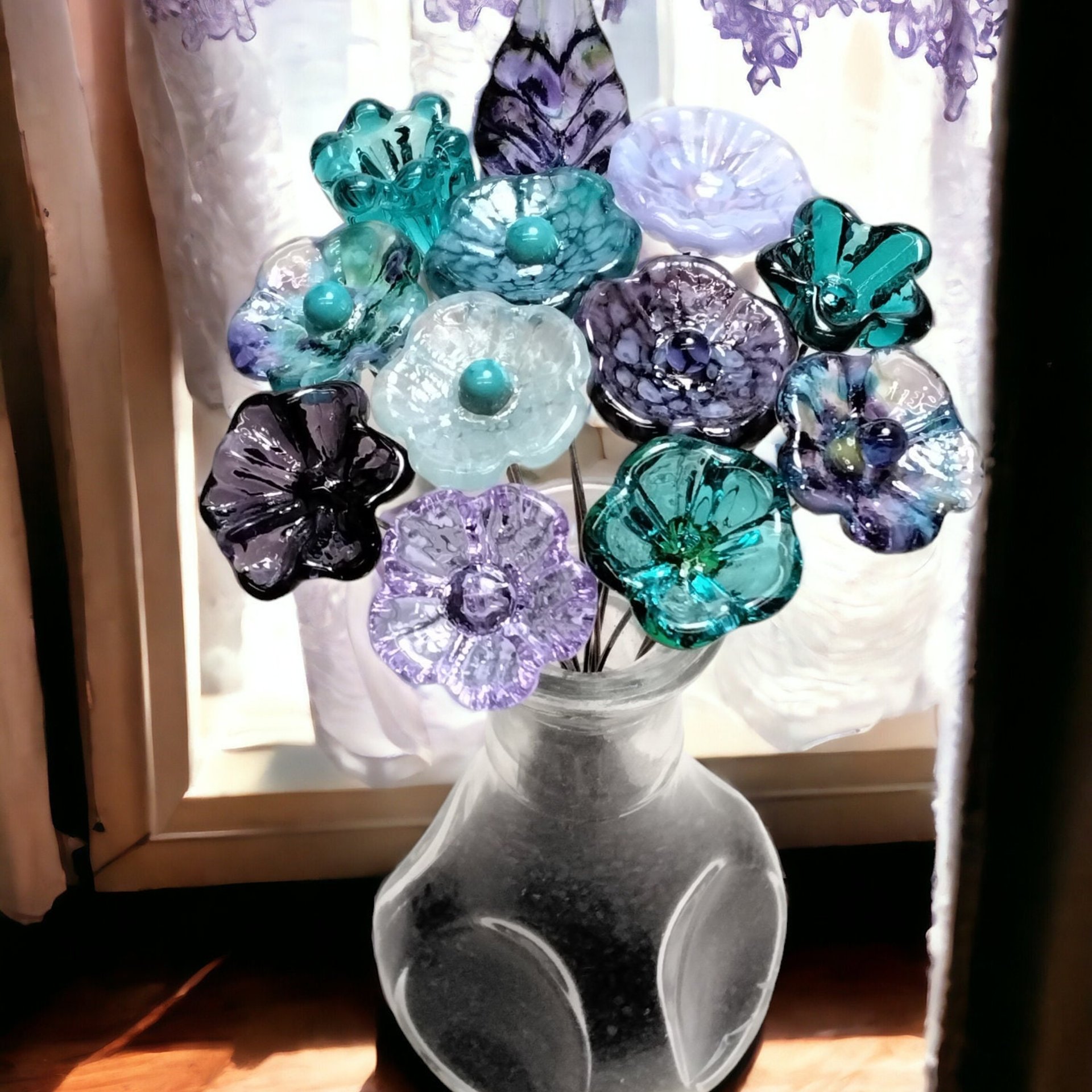 Purple Teal Sea Bouquet ~glass flowers+leaf, tiny small glass flowers handcrafted lampwork, gift, curio, windowsill, jewelry supply, wedding