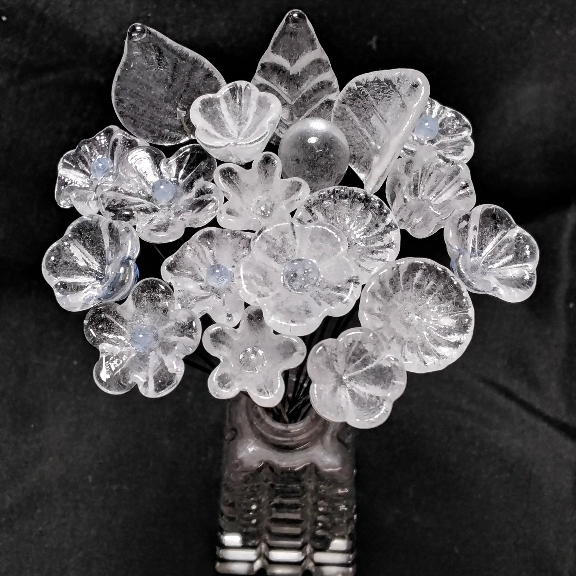 Full Set/12; SOFT BLUE GLOW uv reactive glass flowers; mini tiny small glass flowers on wire; individually crafted lampwork; soft blue glow