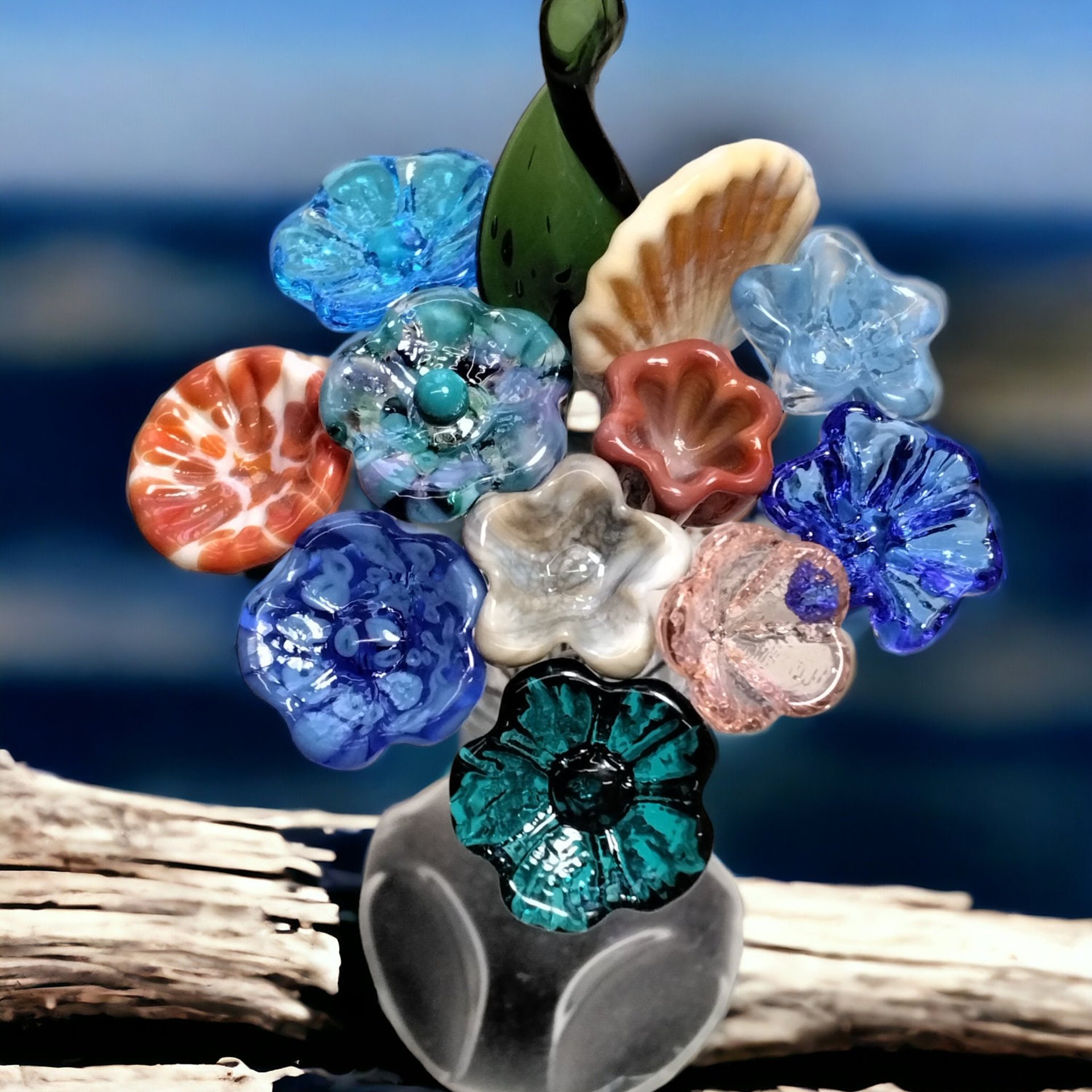 Ocean Beach Bouquet mixed glass flowers with ocean beach colors, tiny small mini glass flowers; each unique, great gift! ocean, beach, sand
