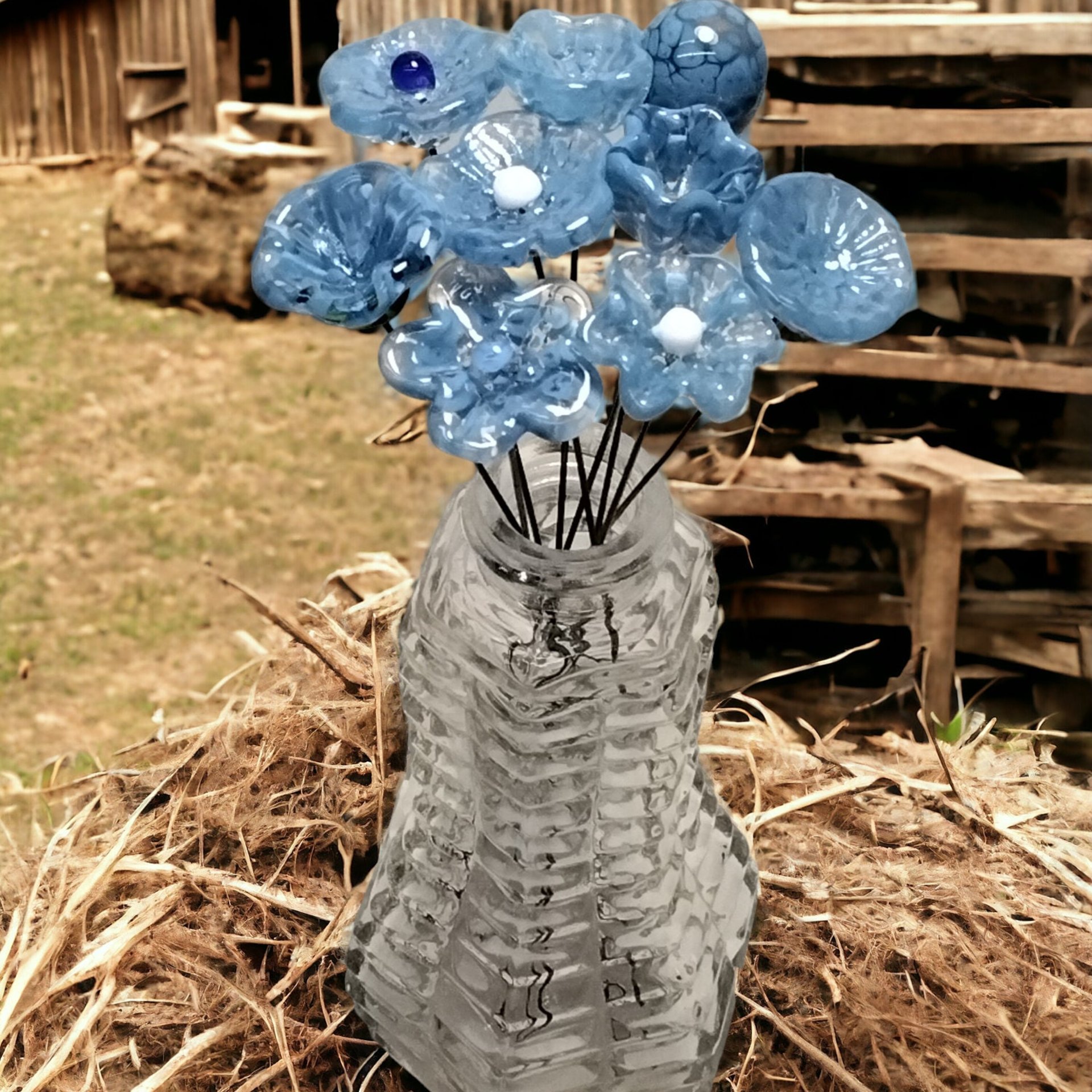 DENIM BLUE glass flowers; mini tiny small glass flowers on wire;handcrafted lampwork, jewelry, mixed media, wedding, curio, small gifts