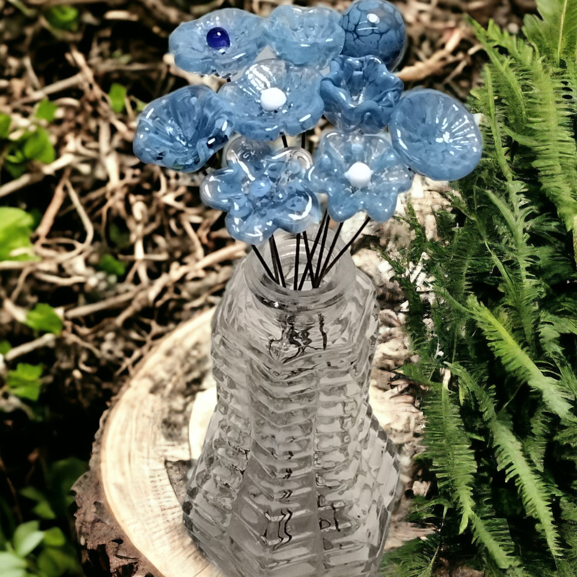 DENIM BLUE glass flowers; mini tiny small glass flowers on wire;handcrafted lampwork, jewelry, mixed media, wedding, curio, small gifts
