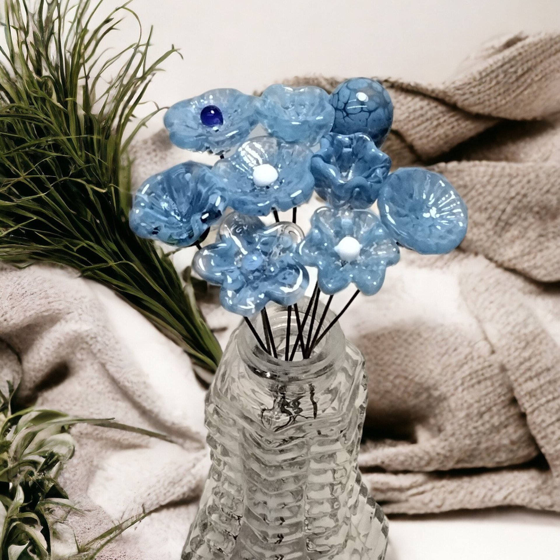 DENIM BLUE glass flowers; mini tiny small glass flowers on wire;handcrafted lampwork, jewelry, mixed media, wedding, curio, small gifts