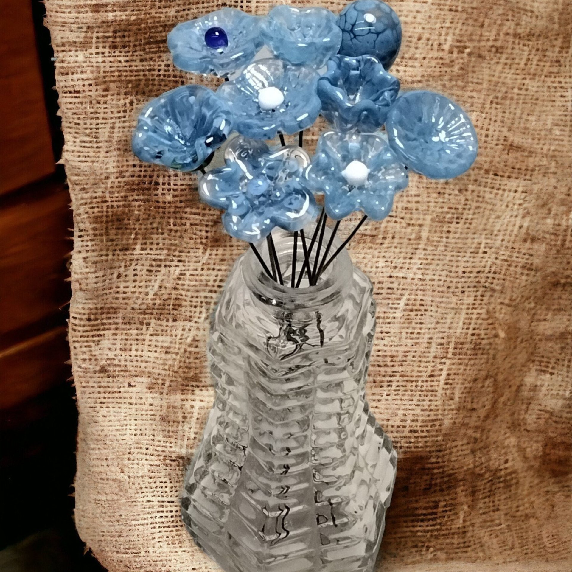 DENIM BLUE glass flowers; mini tiny small glass flowers on wire;handcrafted lampwork, jewelry, mixed media, wedding, curio, small gifts