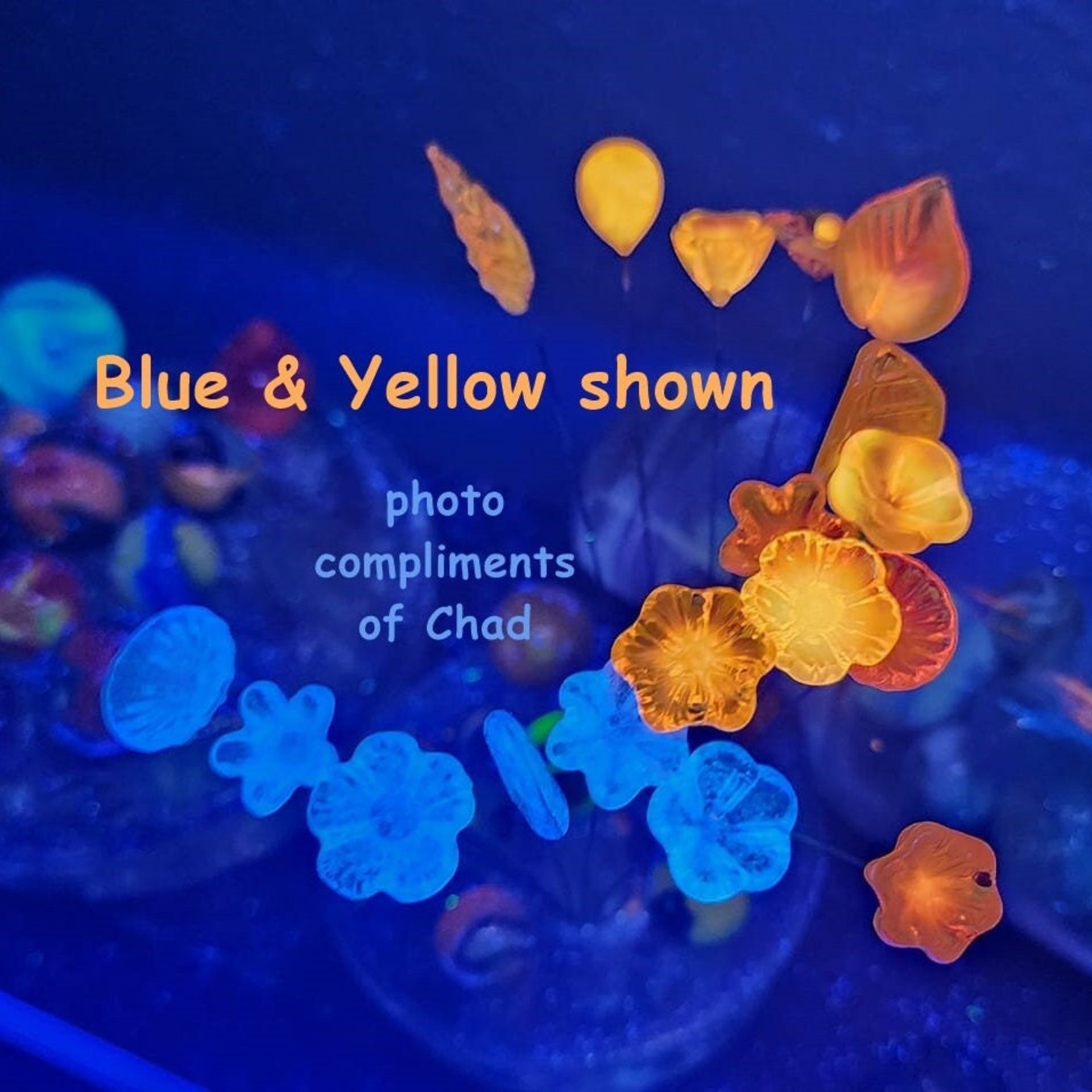 Full Set/12; SOFT BLUE GLOW uv reactive glass flowers; mini tiny small glass flowers on wire; individually crafted lampwork; soft blue glow