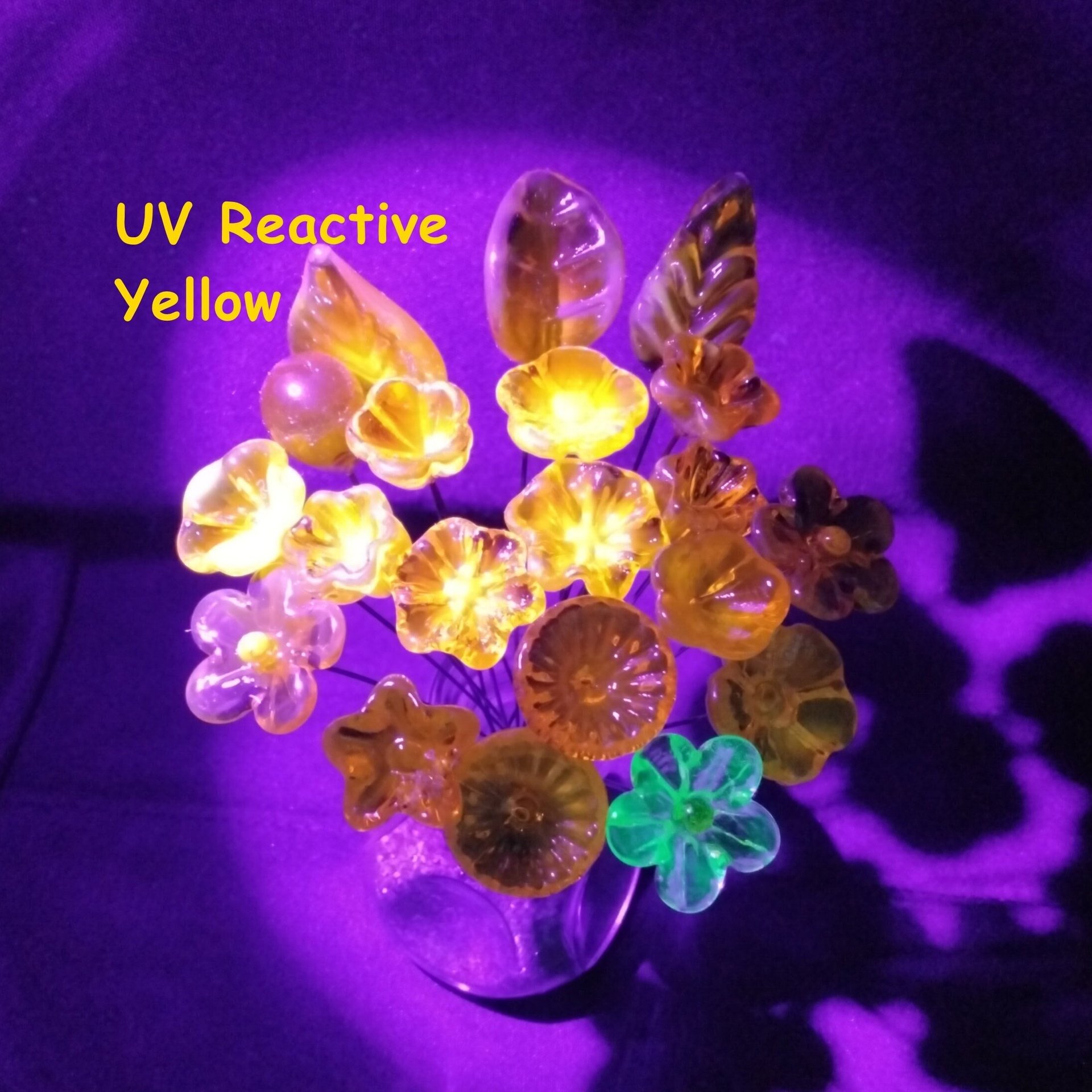 UV Reactive Yellow/Amber mini tiny small glass flowers on 5" wire, handcrafted lampwork, glows in uv light,colors vary due to glass density