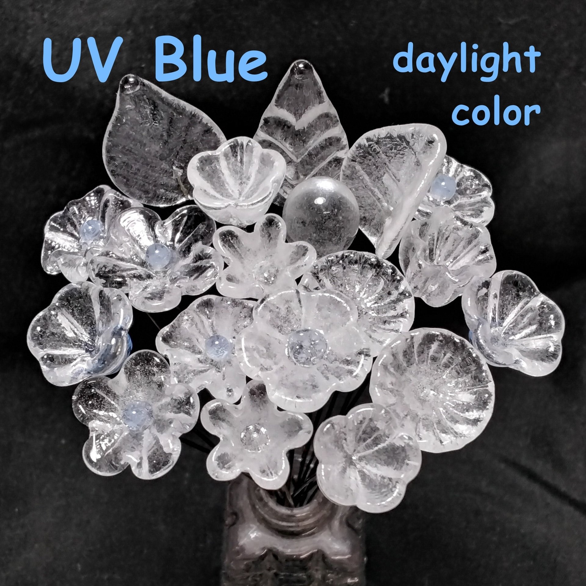 Full Set/12; SOFT BLUE GLOW uv reactive glass flowers; mini tiny small glass flowers on wire; individually crafted lampwork; soft blue glow