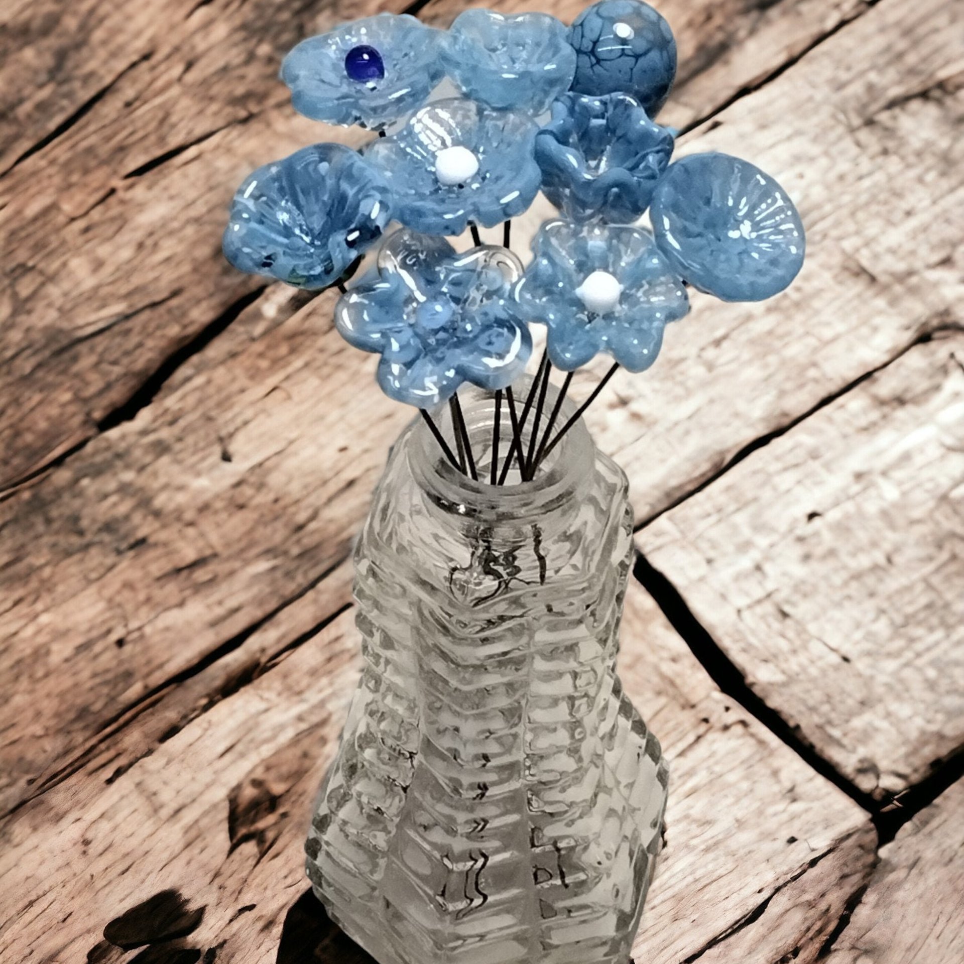 DENIM BLUE glass flowers; mini tiny small glass flowers on wire;handcrafted lampwork, jewelry, mixed media, wedding, curio, small gifts