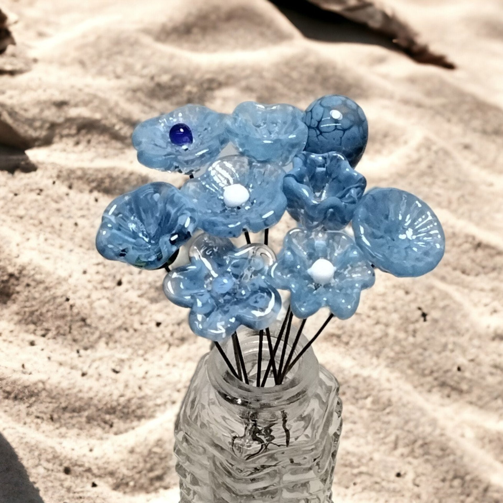 DENIM BLUE glass flowers; mini tiny small glass flowers on wire;handcrafted lampwork, jewelry, mixed media, wedding, curio, small gifts