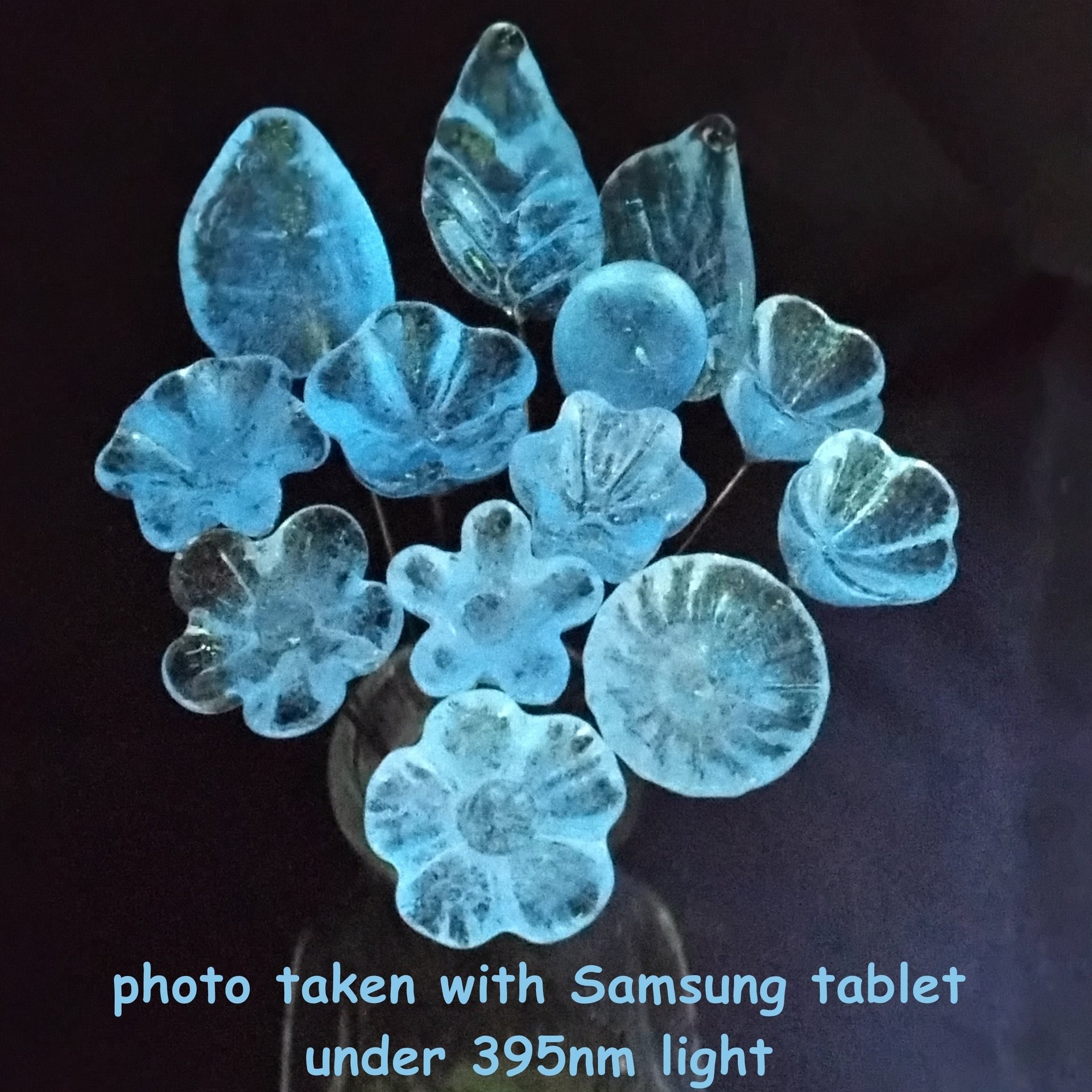 SOFT BLUE GLOW uv reactive glass flowers; miniature tiny small glass flowers on wire; individually crafted lampwork; soft blue glows 395nm