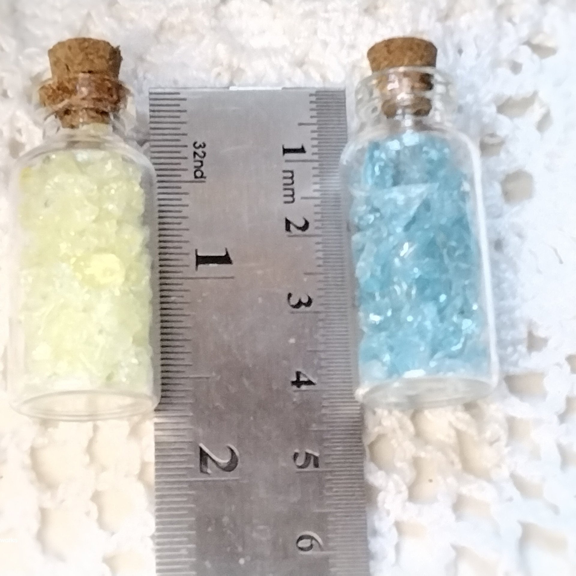 Uranium UV Glass Chips in Larger 1.75" Bottle Jar; Uranium, Green, Blue, Yellow, Amberina; curio, jewelry, mixed media, UV GLOW 365nm 395nm