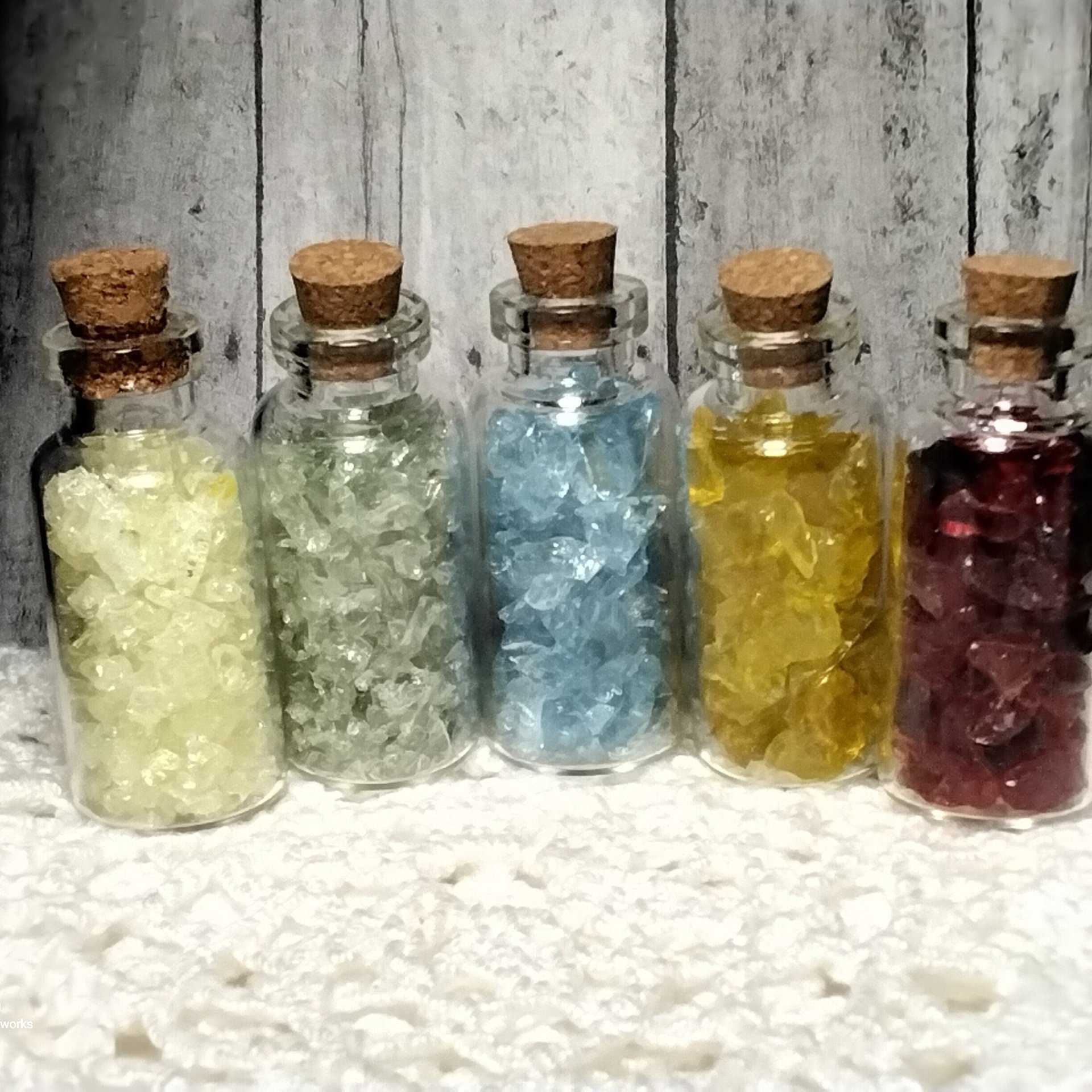 Uranium UV Glass Chips in Larger 1.75" Bottle Jar; Uranium, Green, Blue, Yellow, Amberina; curio, jewelry, mixed media, UV GLOW 365nm 395nm