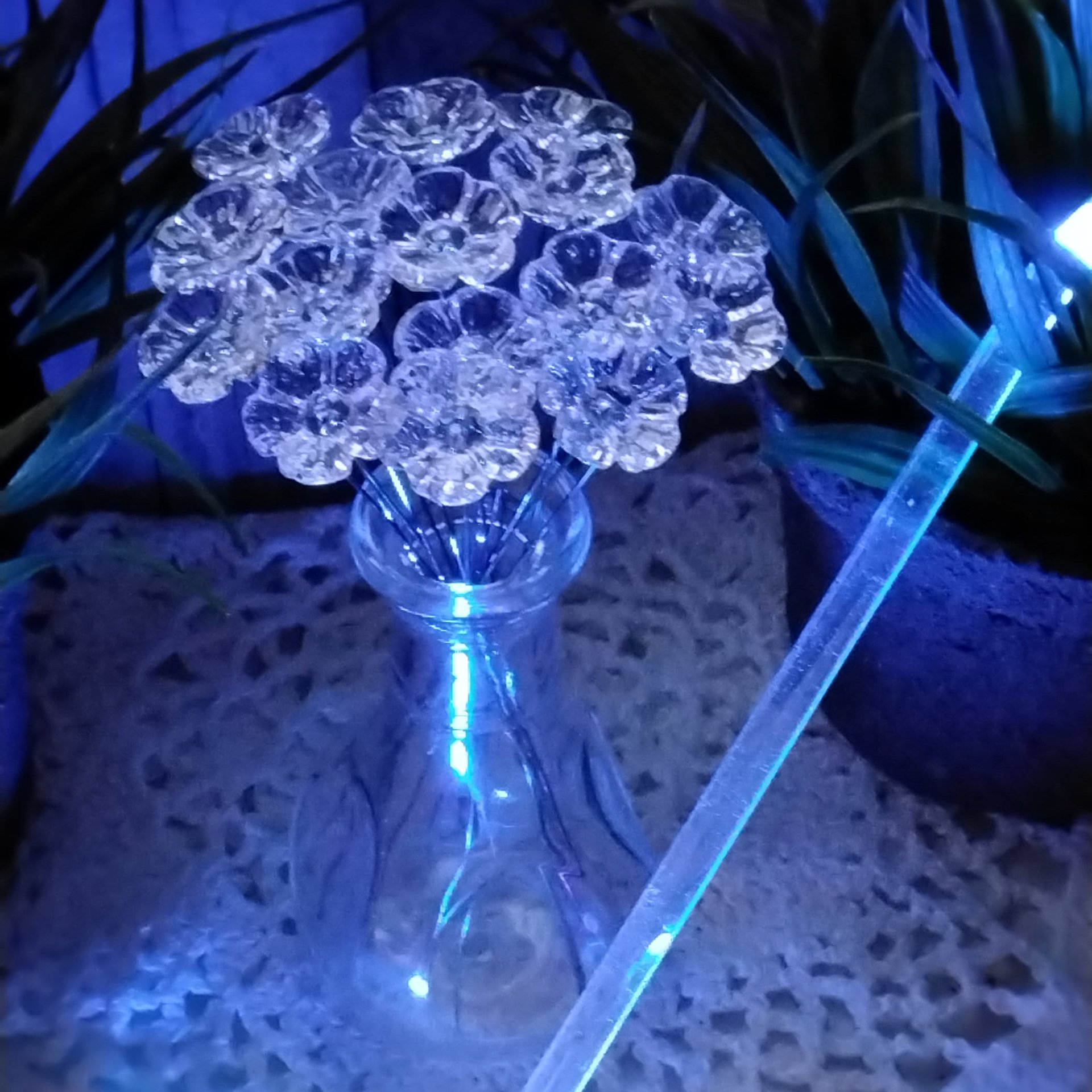 Clear Crystal Lead 365 UV reactive glass flowers; mini tiny small glass flowers on wire; soft blue glow under uv 365nm light