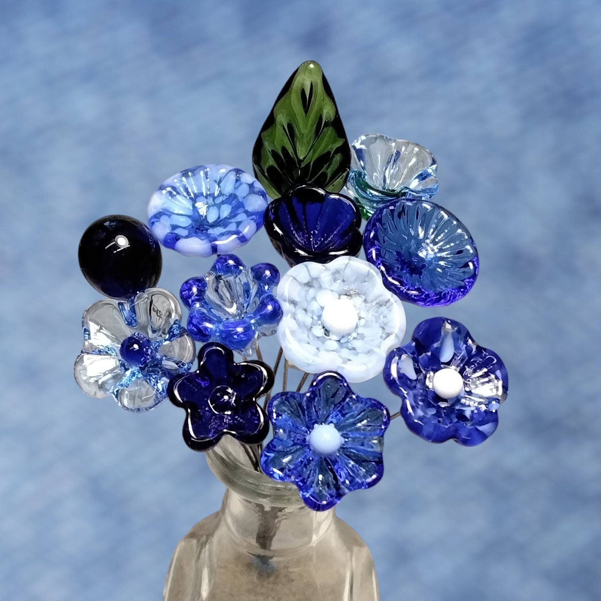 TRUE BLUE BOUQUET-loyal/trustworthy/faithful ~glass flower bouquet, small glass flowers handcrafted, curio, windowsill, collegue friend gift