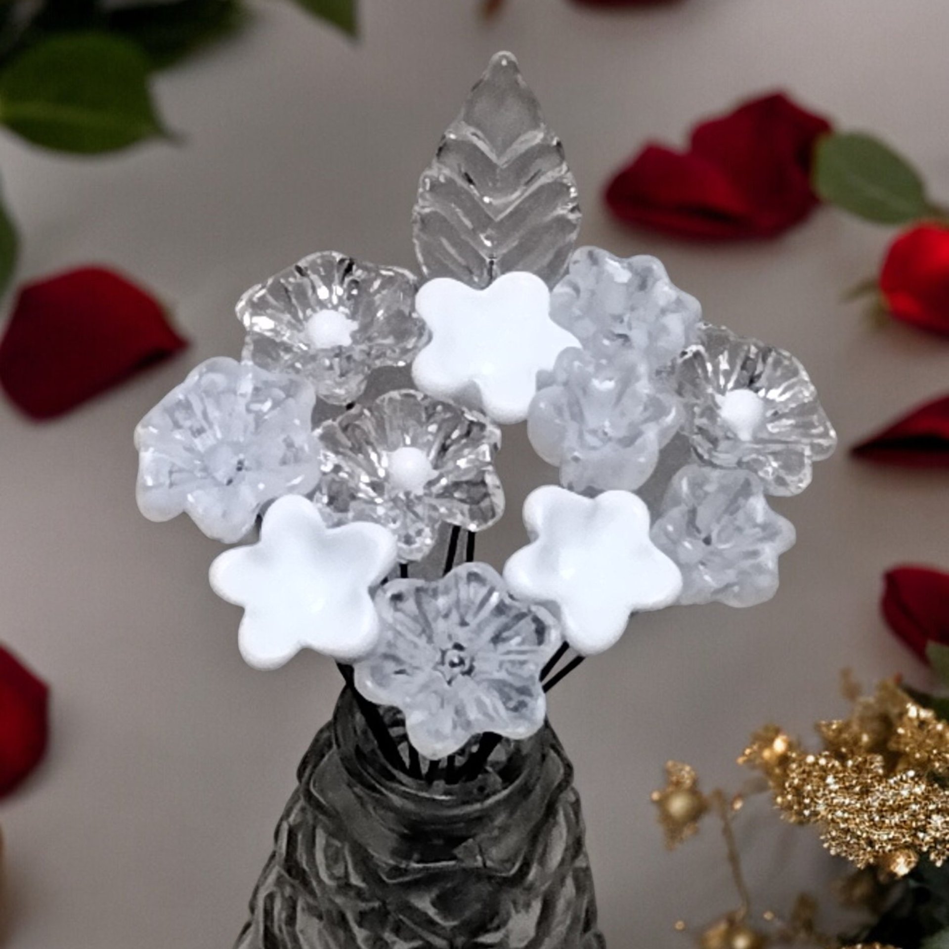 Snow White Lace Glass Flower Bouquet, tiny small minature glass flowers handcrafted lampwork, gift, wedding, curio, windowsill, lace, baby