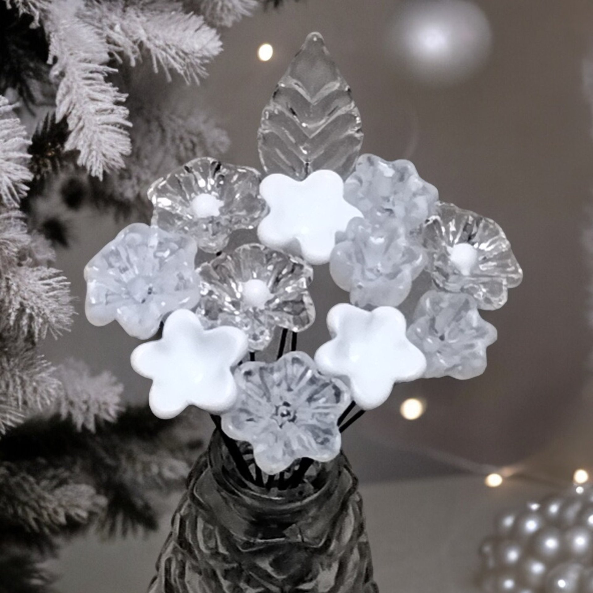 Snow White Lace Glass Flower Bouquet, tiny small minature glass flowers handcrafted lampwork, gift, wedding, curio, windowsill, lace, baby