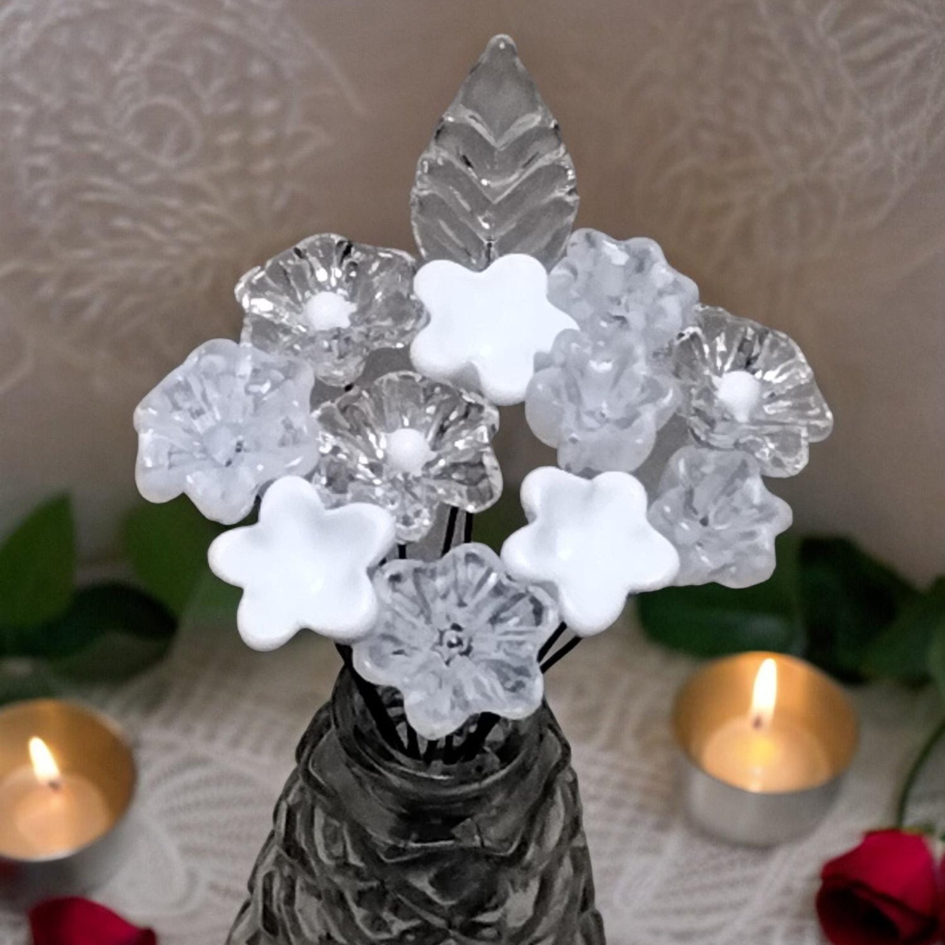 Snow White Lace Glass Flower Bouquet, tiny small minature glass flowers handcrafted lampwork, gift, wedding, curio, windowsill, lace, baby