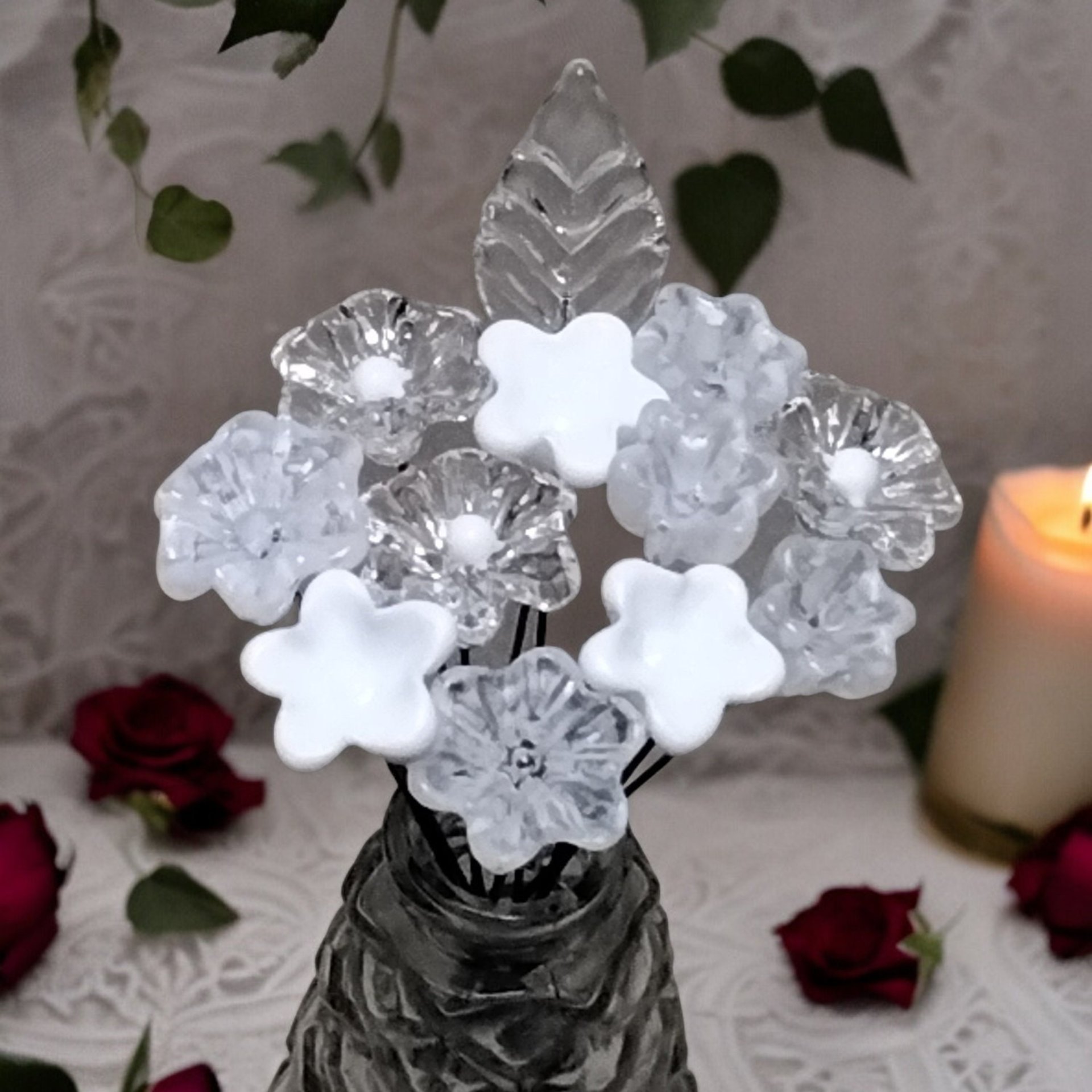 Snow White Lace Glass Flower Bouquet, tiny small minature glass flowers handcrafted lampwork, gift, wedding, curio, windowsill, lace, baby