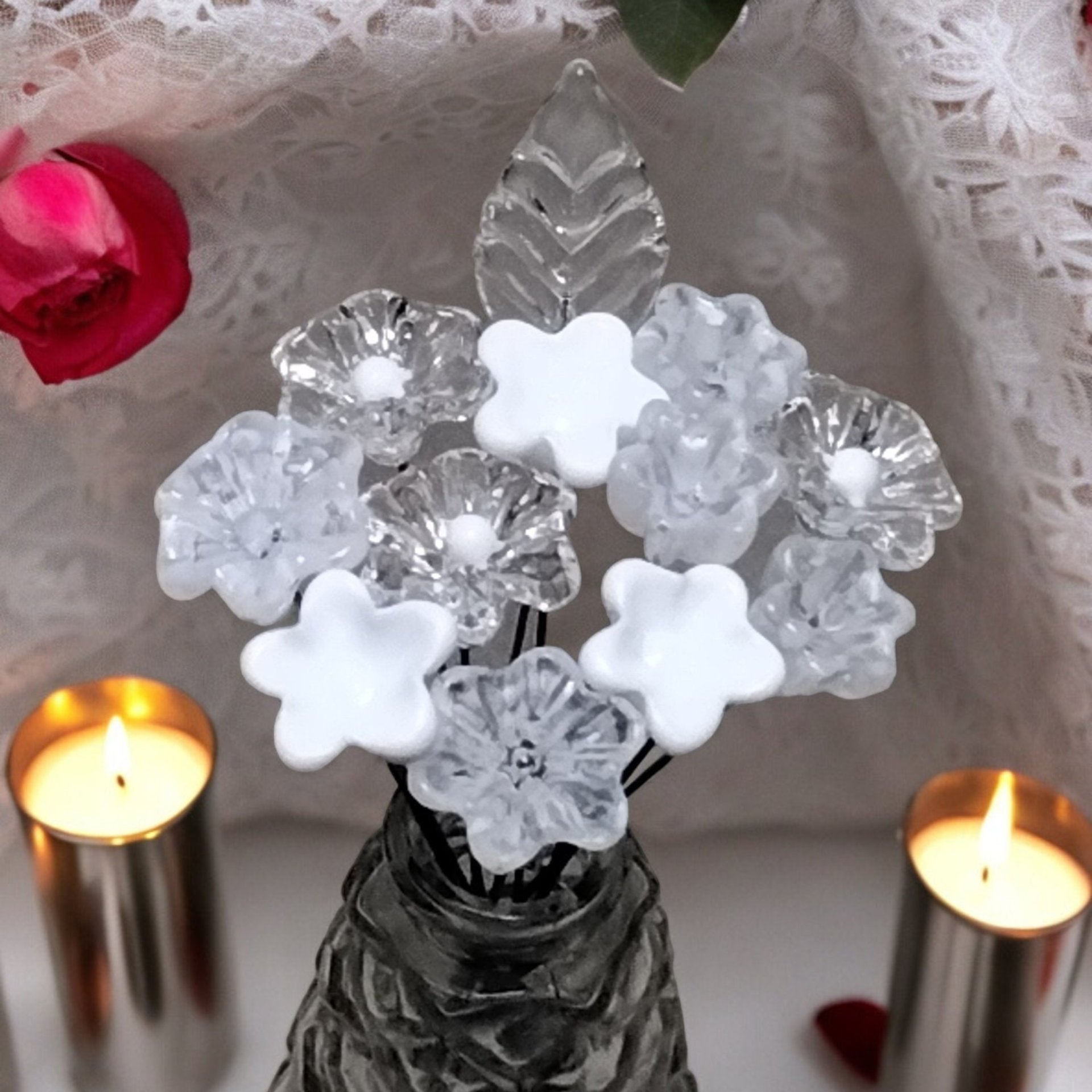 Snow White Lace Glass Flower Bouquet, tiny small minature glass flowers handcrafted lampwork, gift, wedding, curio, windowsill, lace, baby