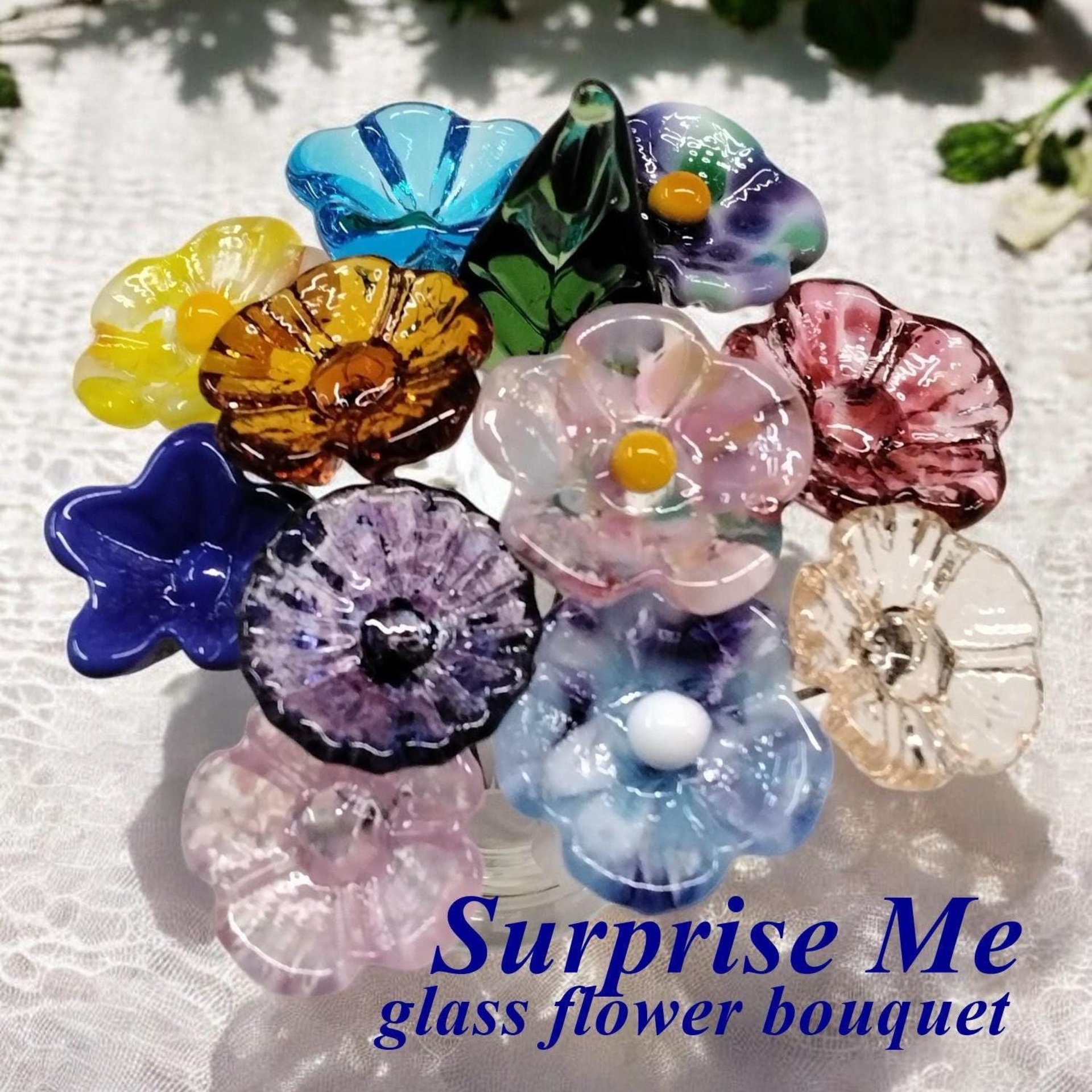 Surprise Me/Mix It Up Glass Flower Bouquet, tiny mini small glass flowers handcrafted lampwork, gift, wedding, coworker, just because