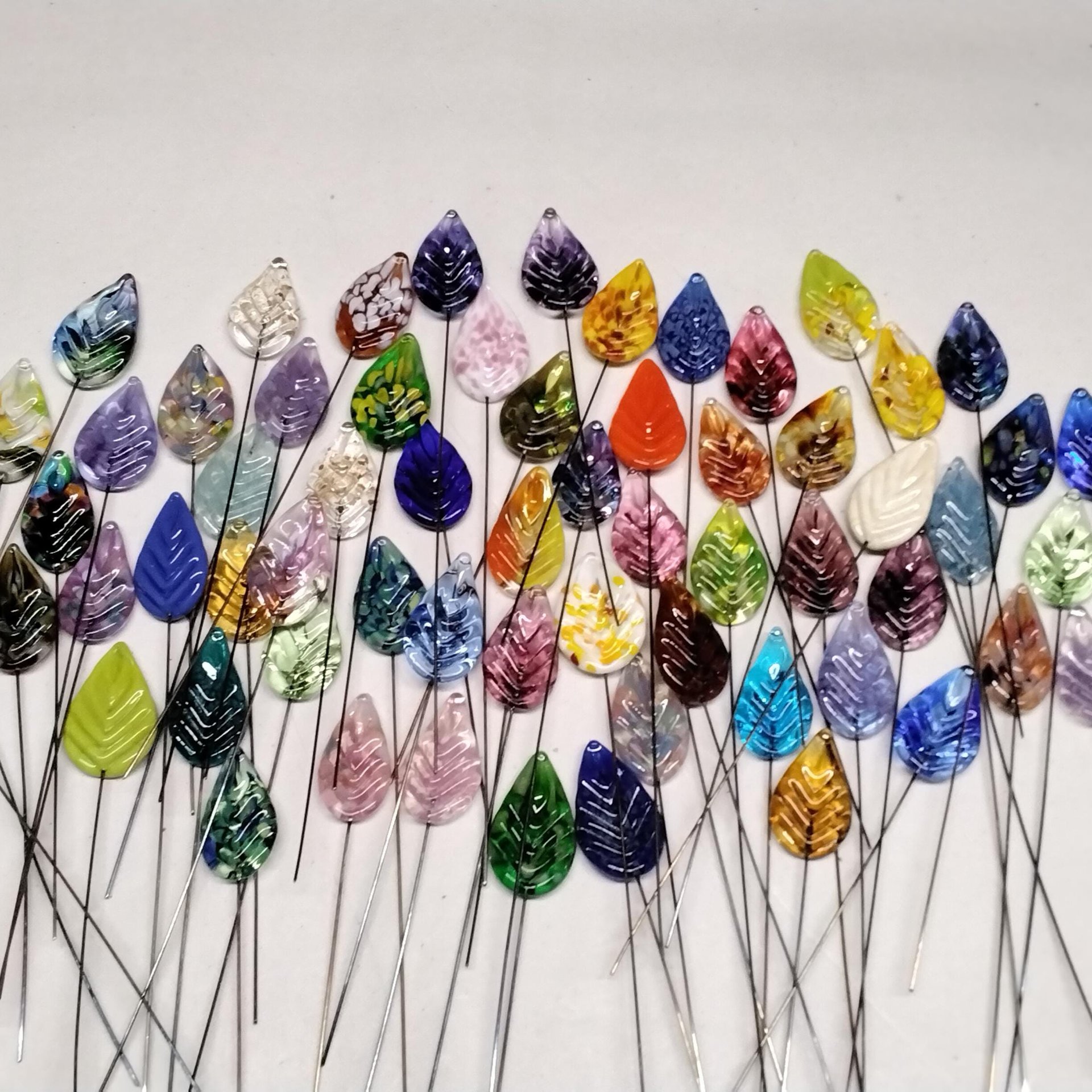 Glass Leaf Mutli-color Variety, Flat Shape on 5inch wire, headpin, 3/4-1" long; each unique; jewelry, bouquet, plants, wedding, mixed media