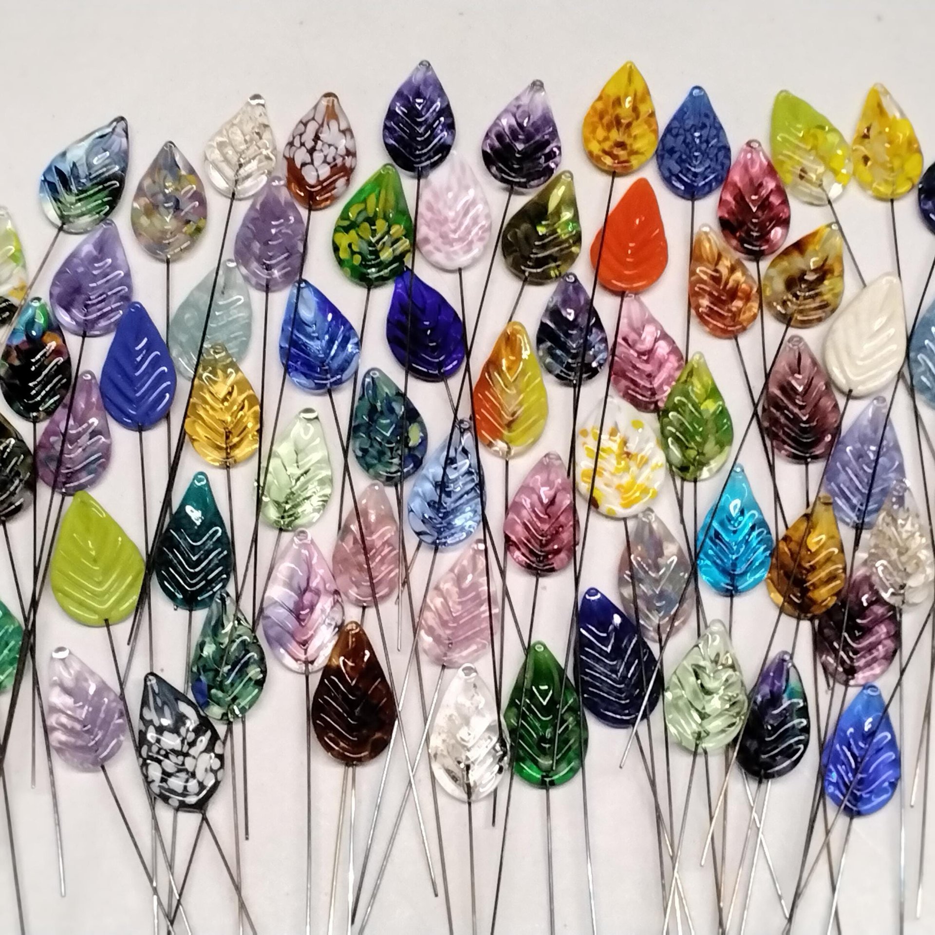 Glass Leaf Mutli-color Variety, Flat Shape on 5inch wire, headpin, 3/4-1" long; each unique; jewelry, bouquet, plants, wedding, mixed media