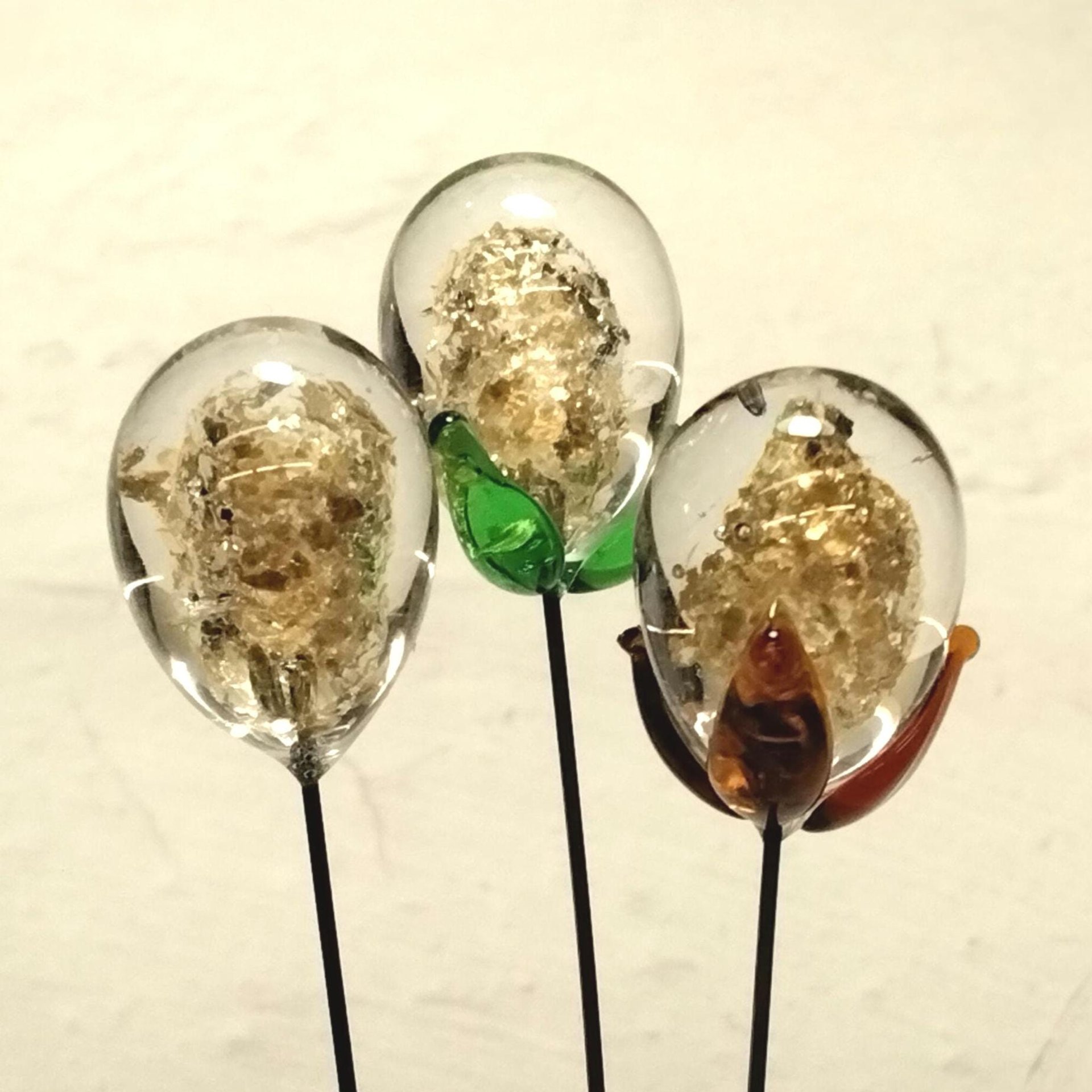 GOLD GLITTER ORB - Glass Drop Orb: glass with gold glitter inside each unique;  handmade lampwork, jewelry, mix media, plant pick, wedding