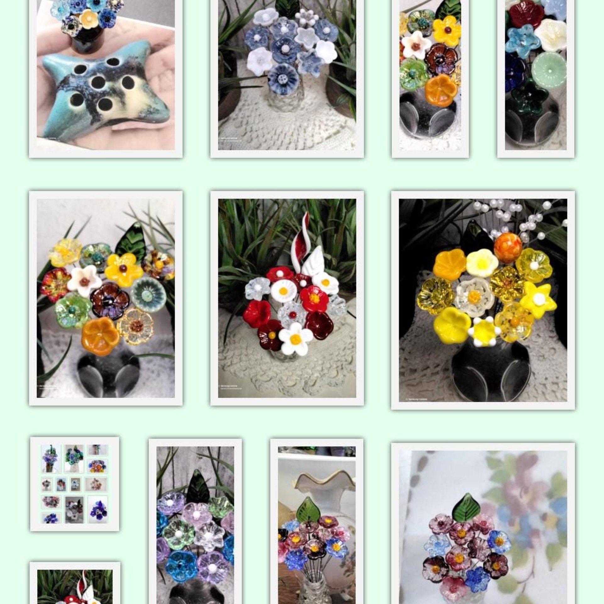 JUST FOR YOU Custom Bouquet ~ Miniature glass flower bouquet made for you! 11 flowers & 1 leaf ~tiny small glass flowers crafted lampwork