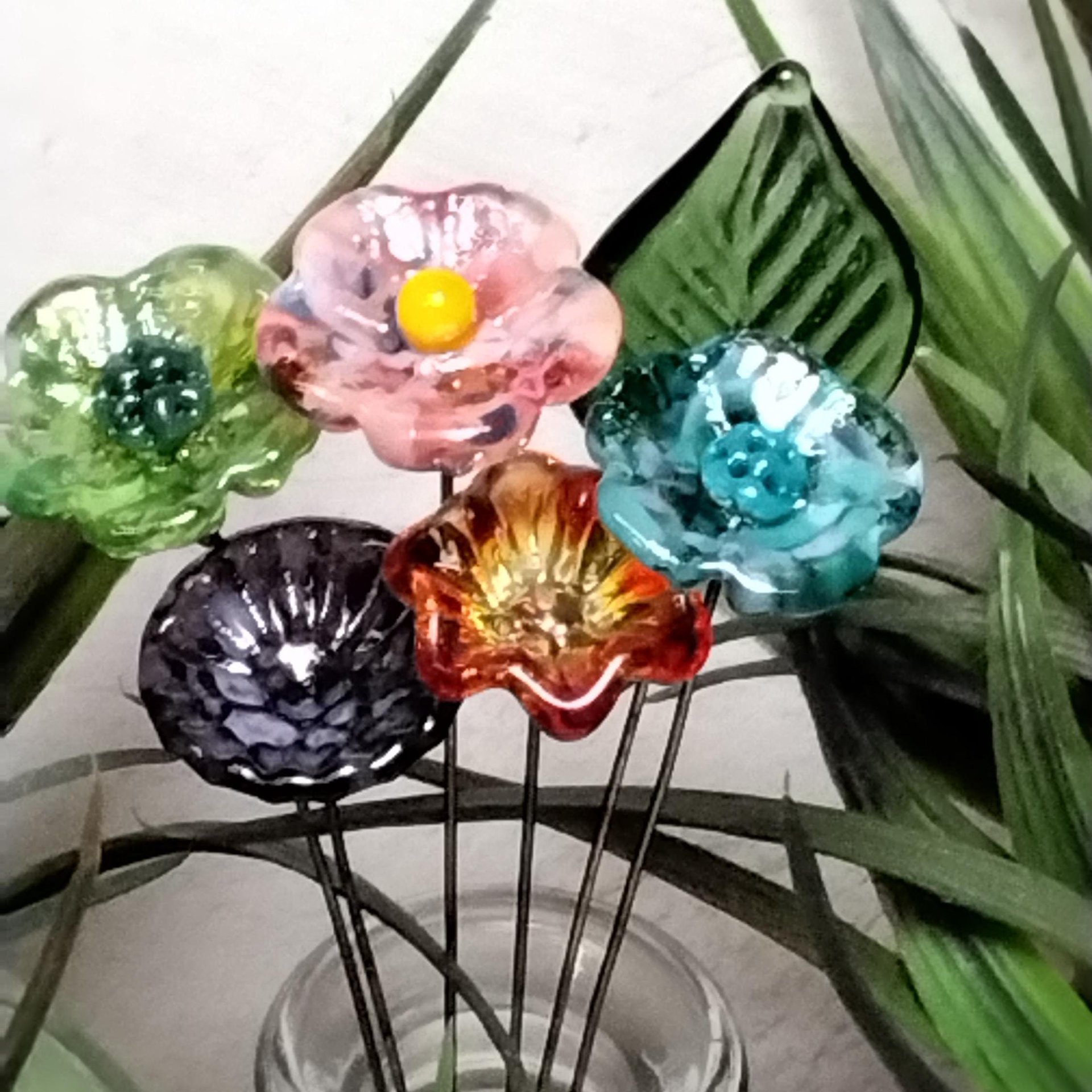 Lil' Somethin' Glass Flower Bouquet; 5 glass flowers + 1 leaf;tiny mini small glass flowers in a bouquet; gift, coworker, love, just because