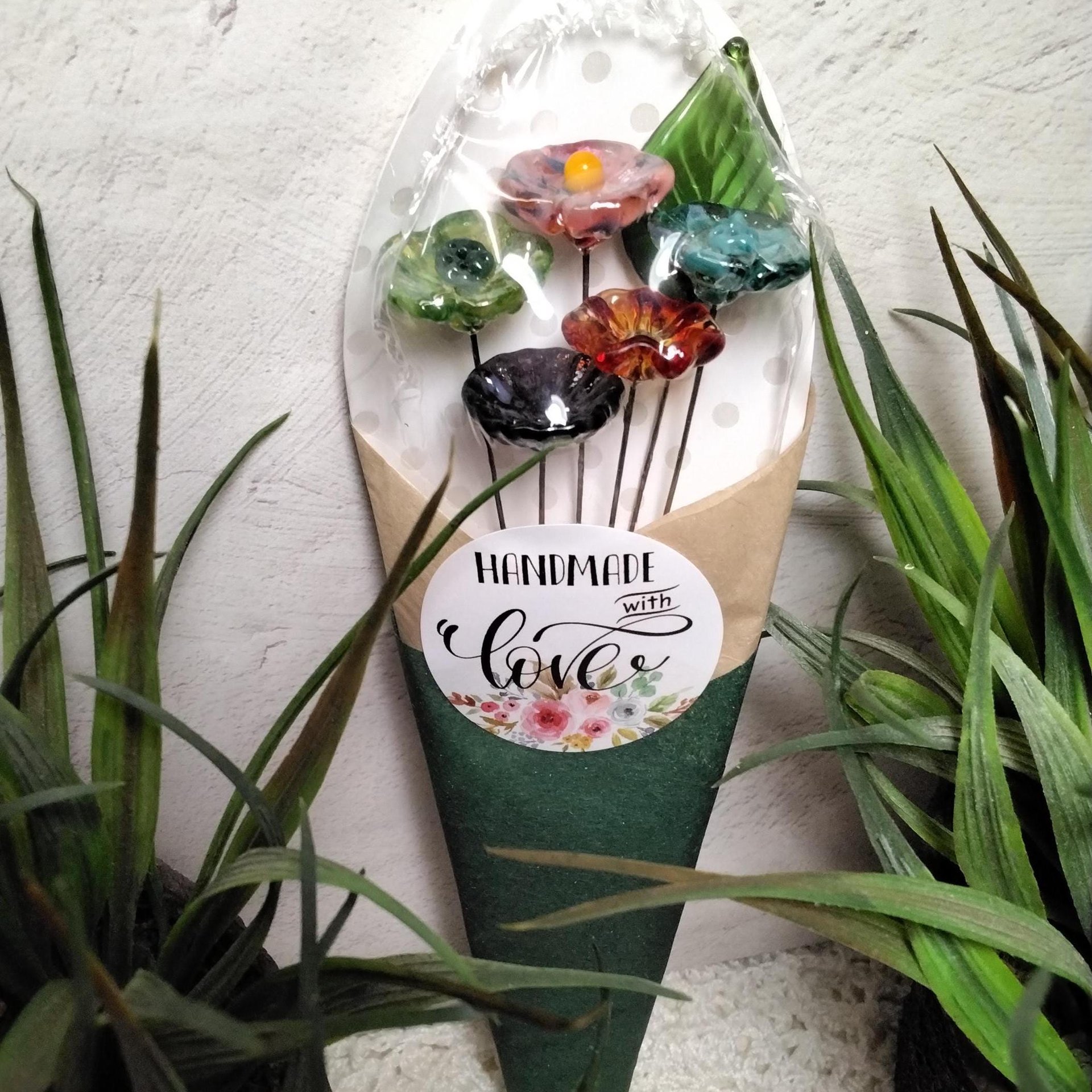 Lil' Somethin' Glass Flower Bouquet; 5 glass flowers + 1 leaf;tiny mini small glass flowers in a bouquet; gift, coworker, love, just because